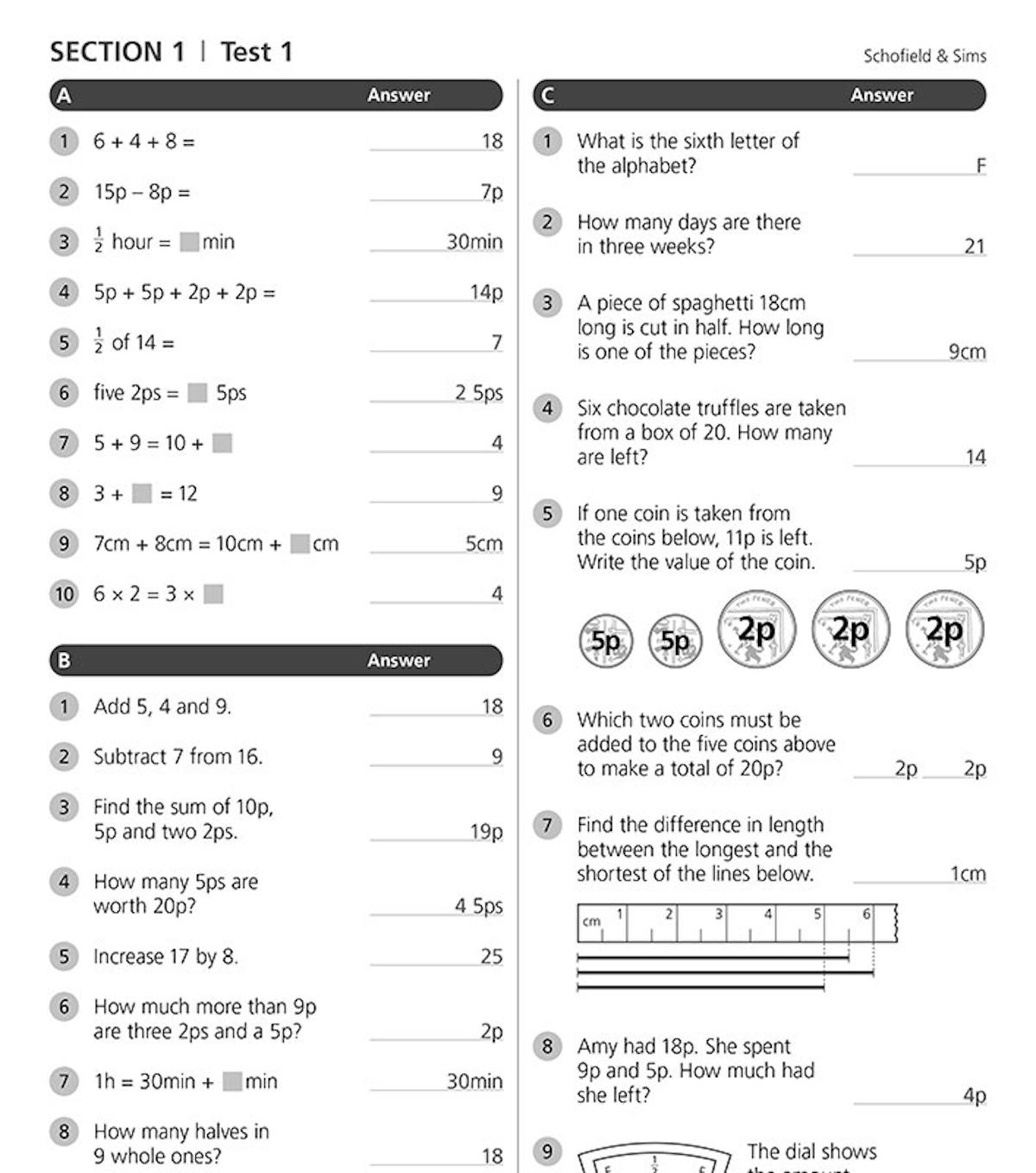 Sample page from Mental Arithmetic Answer Book 2 showing completed answers for Section 1 Test 1