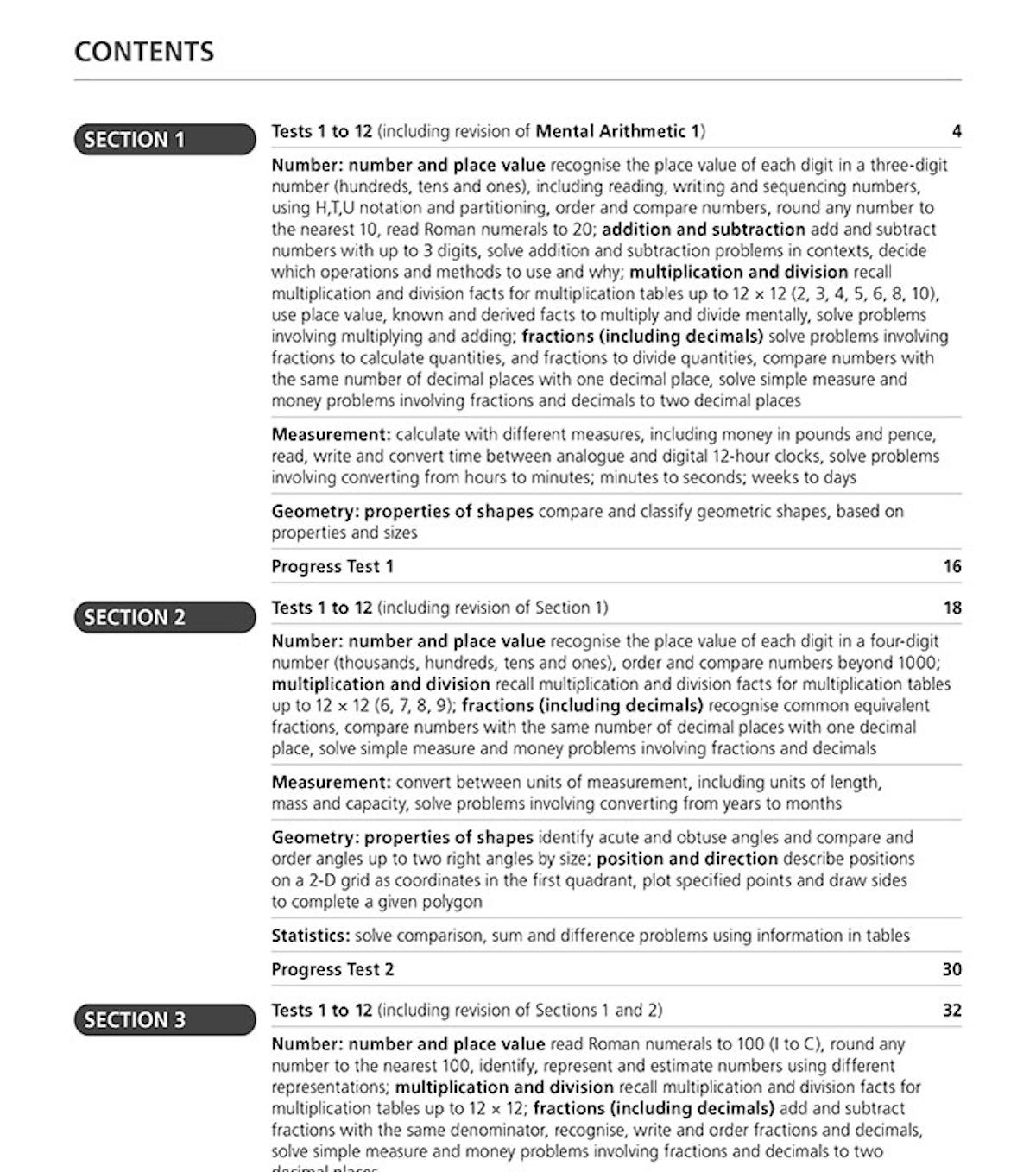 Contents page showing the three sections and check-up tests in Mental Arithmetic Answer Book 2