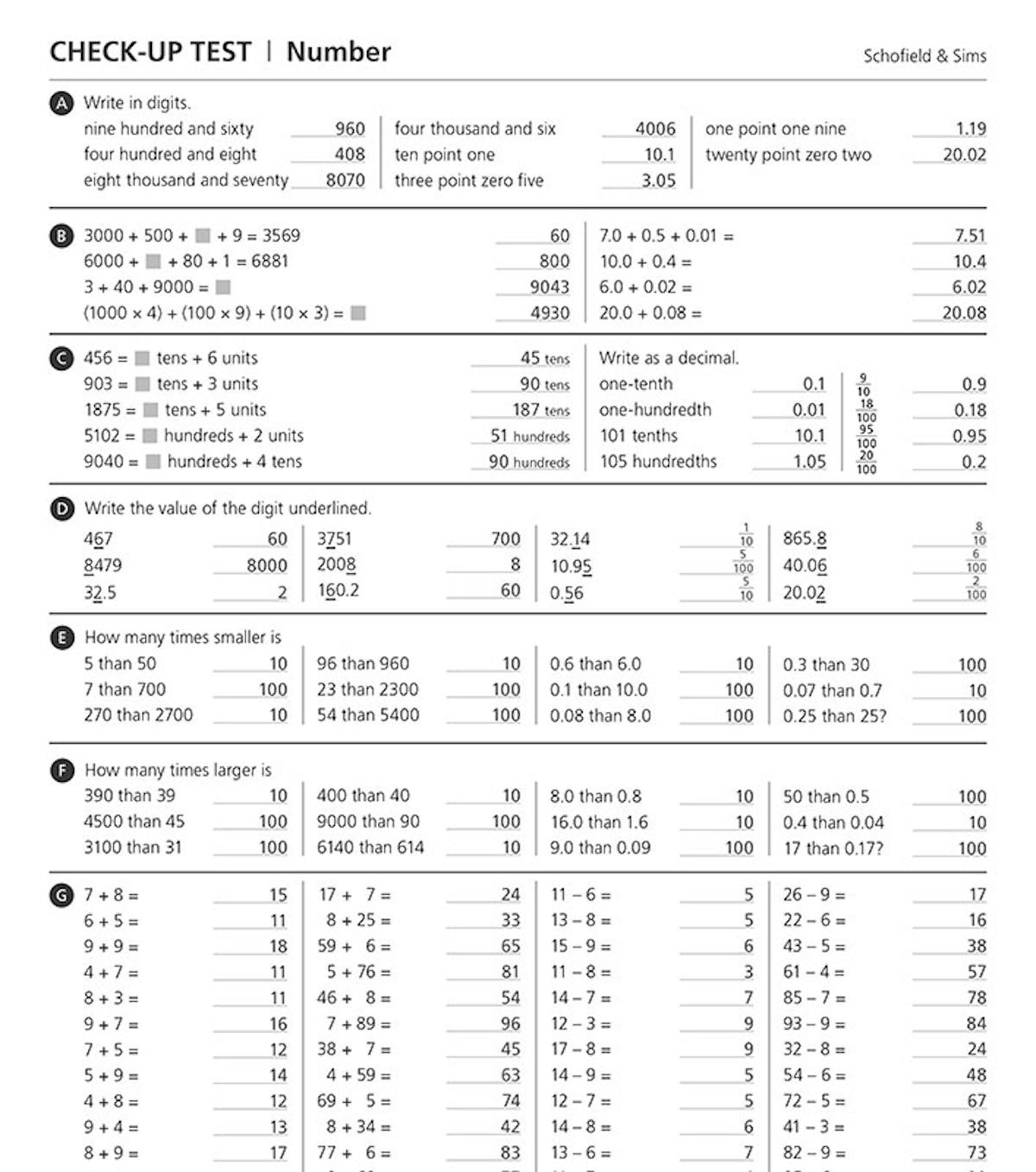 Sample page showing check-up test answers for number, measurement and geometry topics