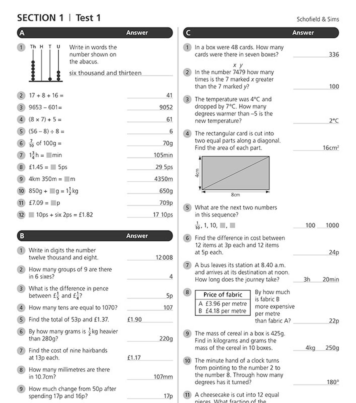 Sample answer pages showing completed questions