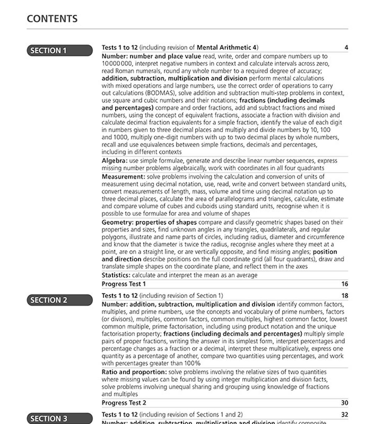 Contents page showing test structure and topics covered in Mental Arithmetic Answer Book 5