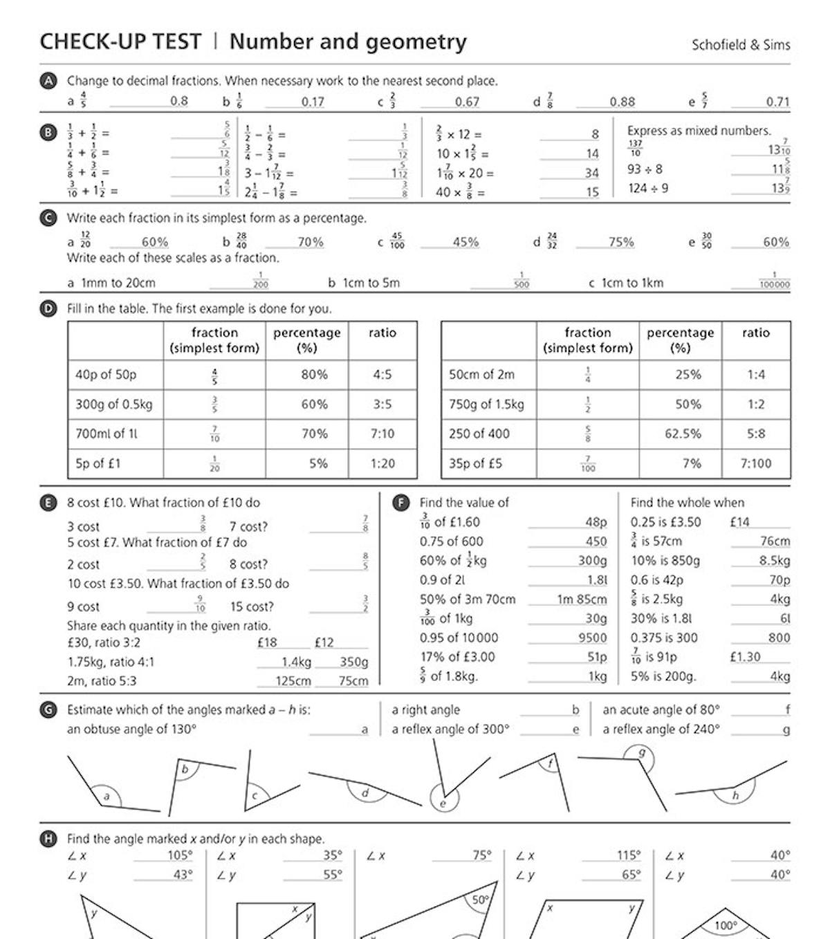 Sample check-up test page showing completed answers for fractions, percentages and geometry questions