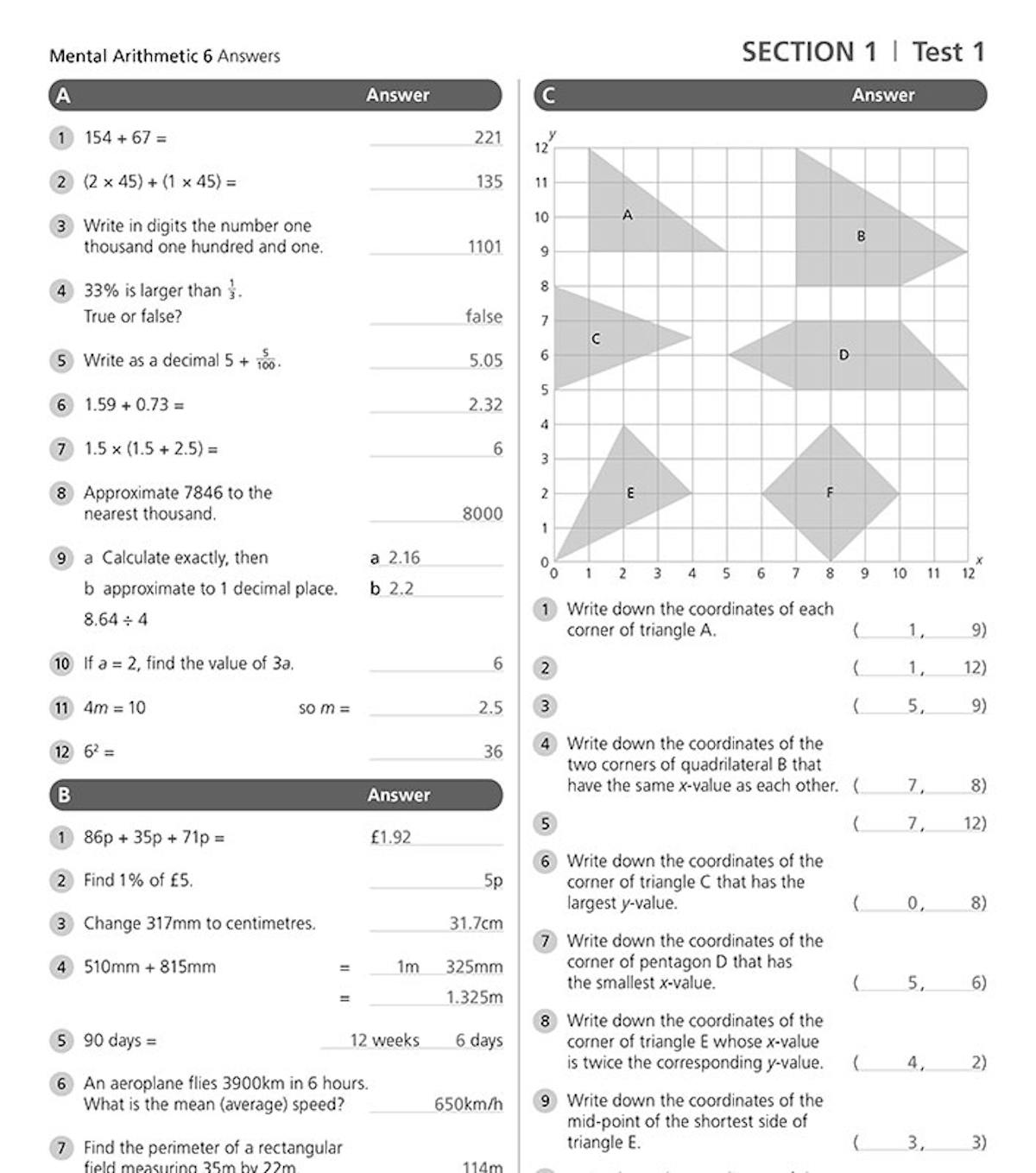 Example revision test page showing worked answers for a variety of maths problems