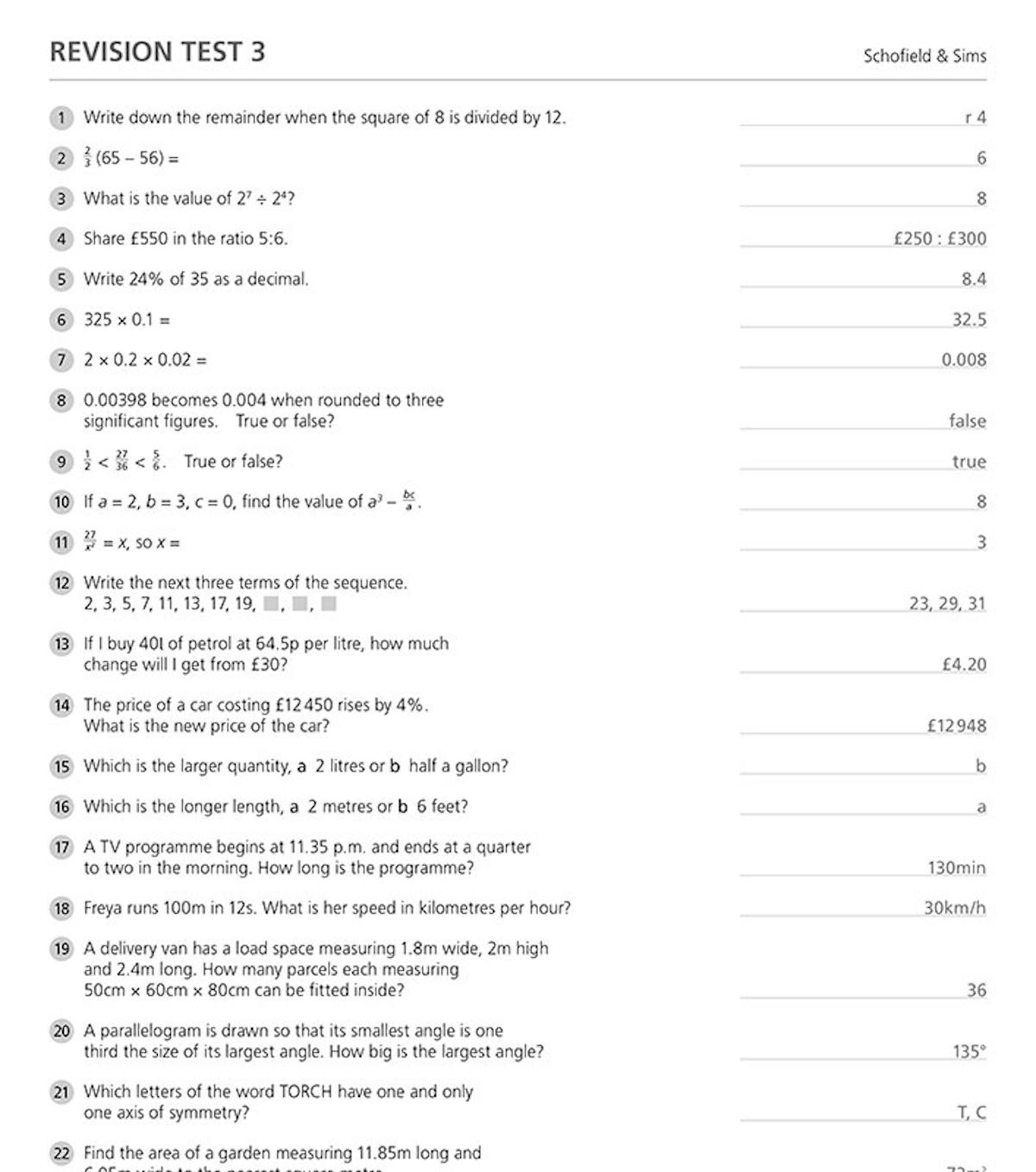 Sample page from Mental Arithmetic 6 Answers showing detailed solutions to test questions