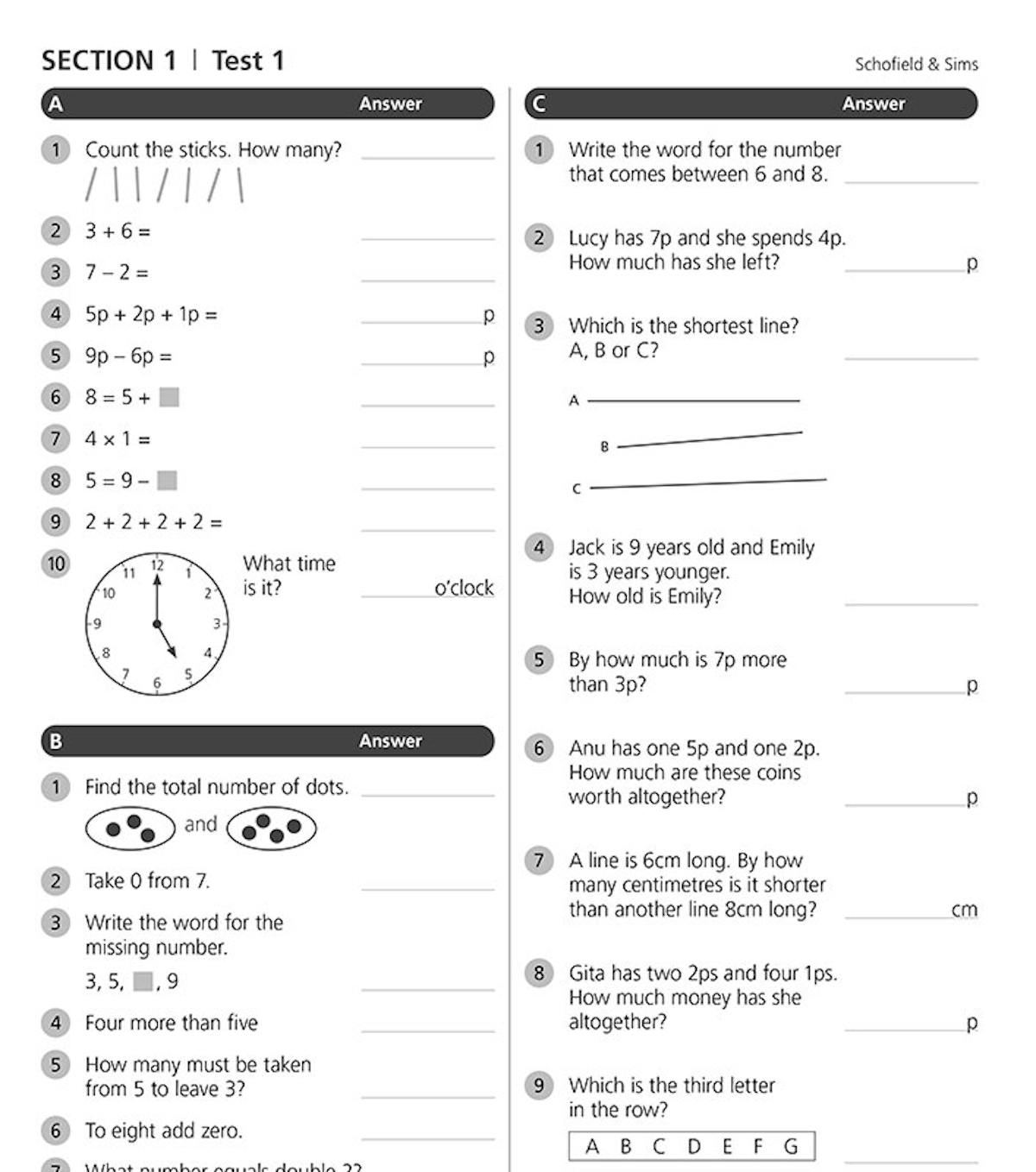 Sample test page showing three-part format with calculations, number vocabulary and word problems