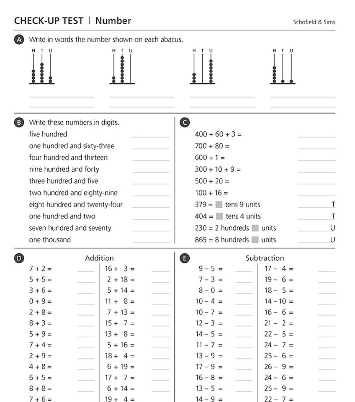 Check-up test page covering place value, addition, subtraction and number operations