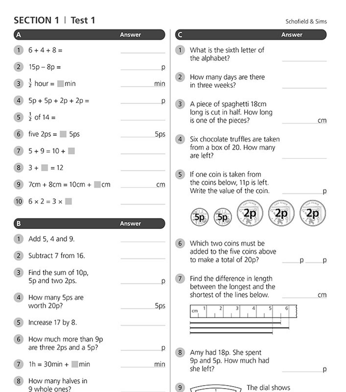 Sample test page from Mental Arithmetic Book 2 showing three-part question format