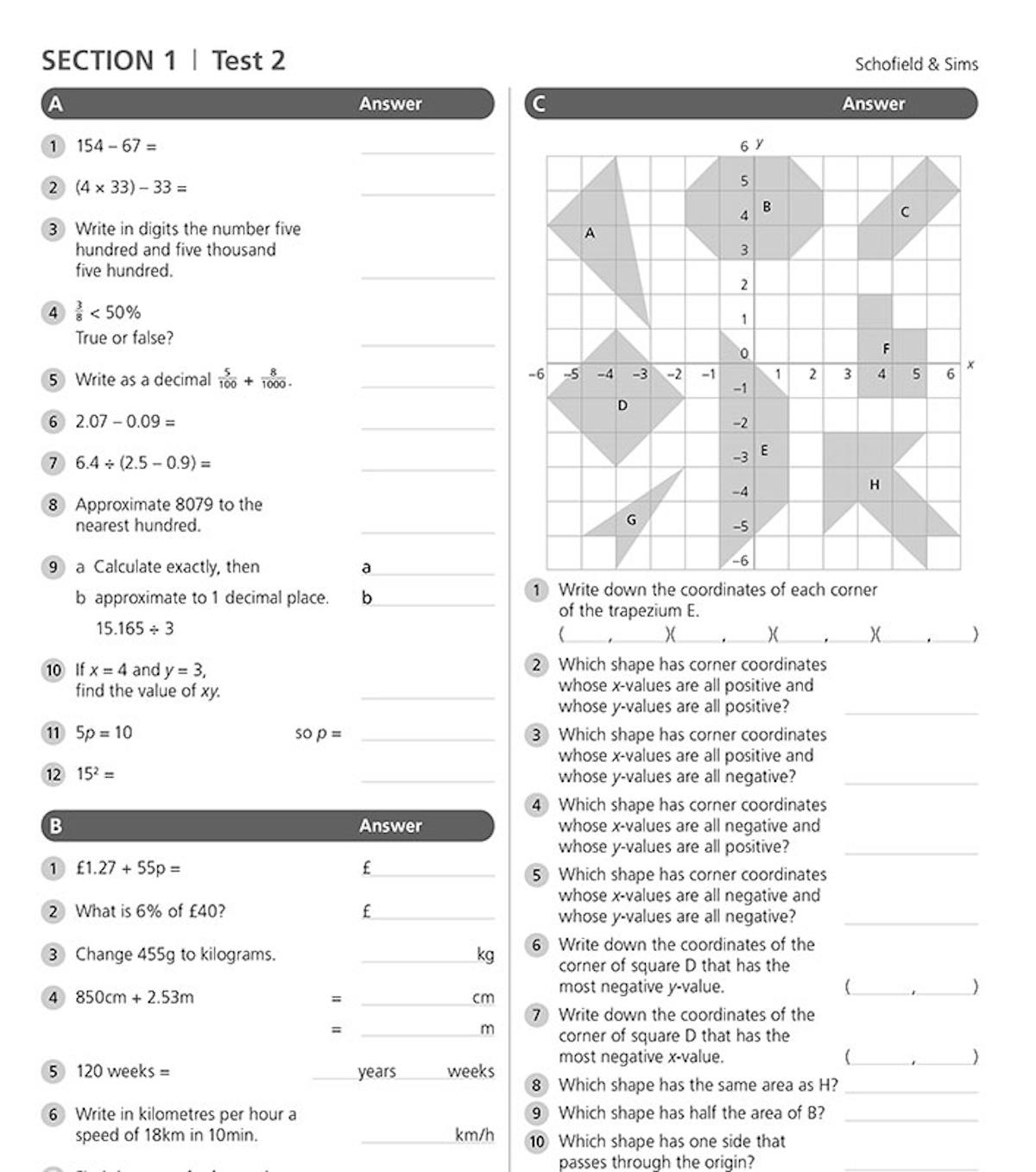 Revision Test page showing mixed-topic questions including algebra and geometry