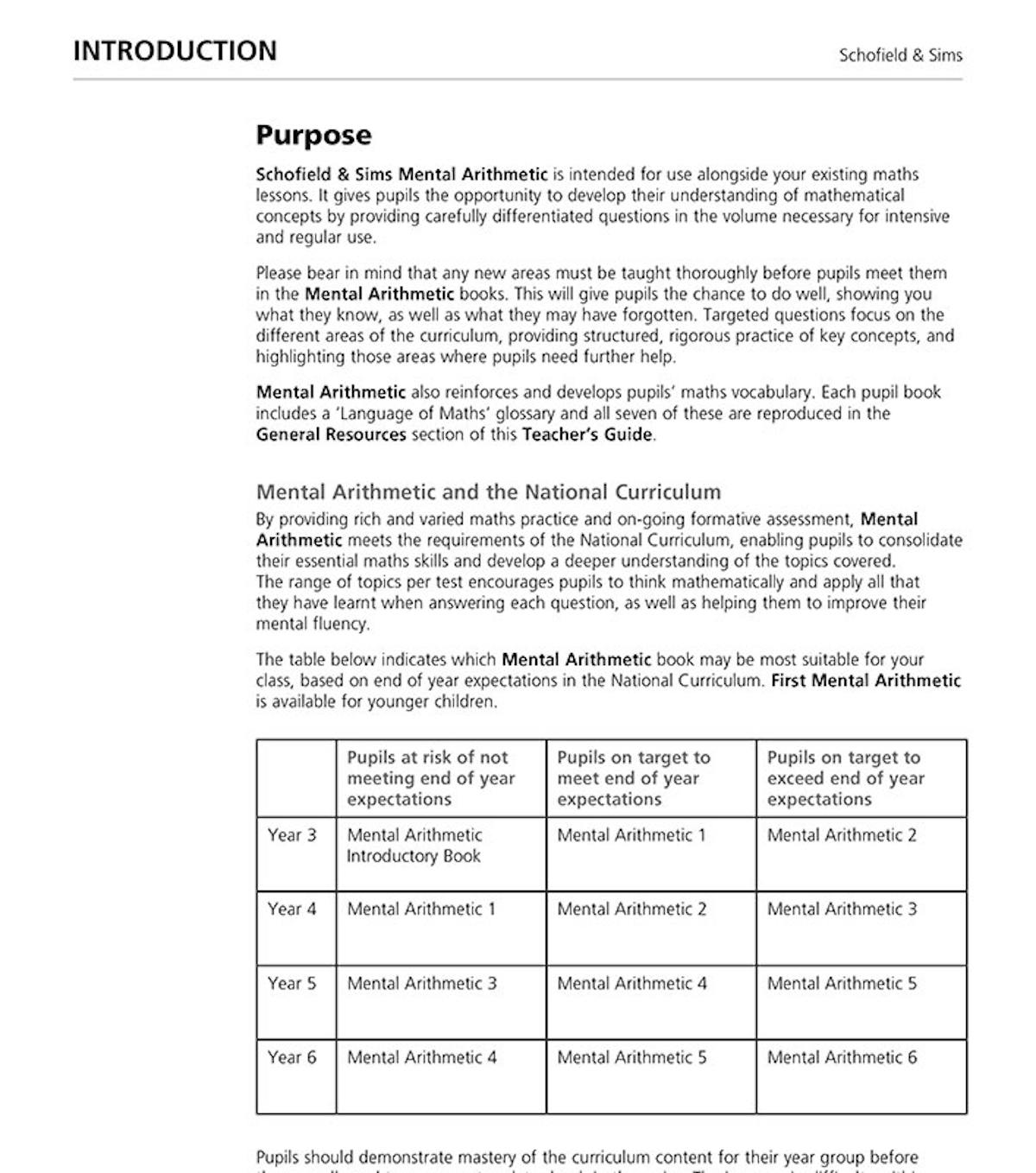 Page explaining the purpose of Mental Arithmetic and its alignment with the National Curriculum