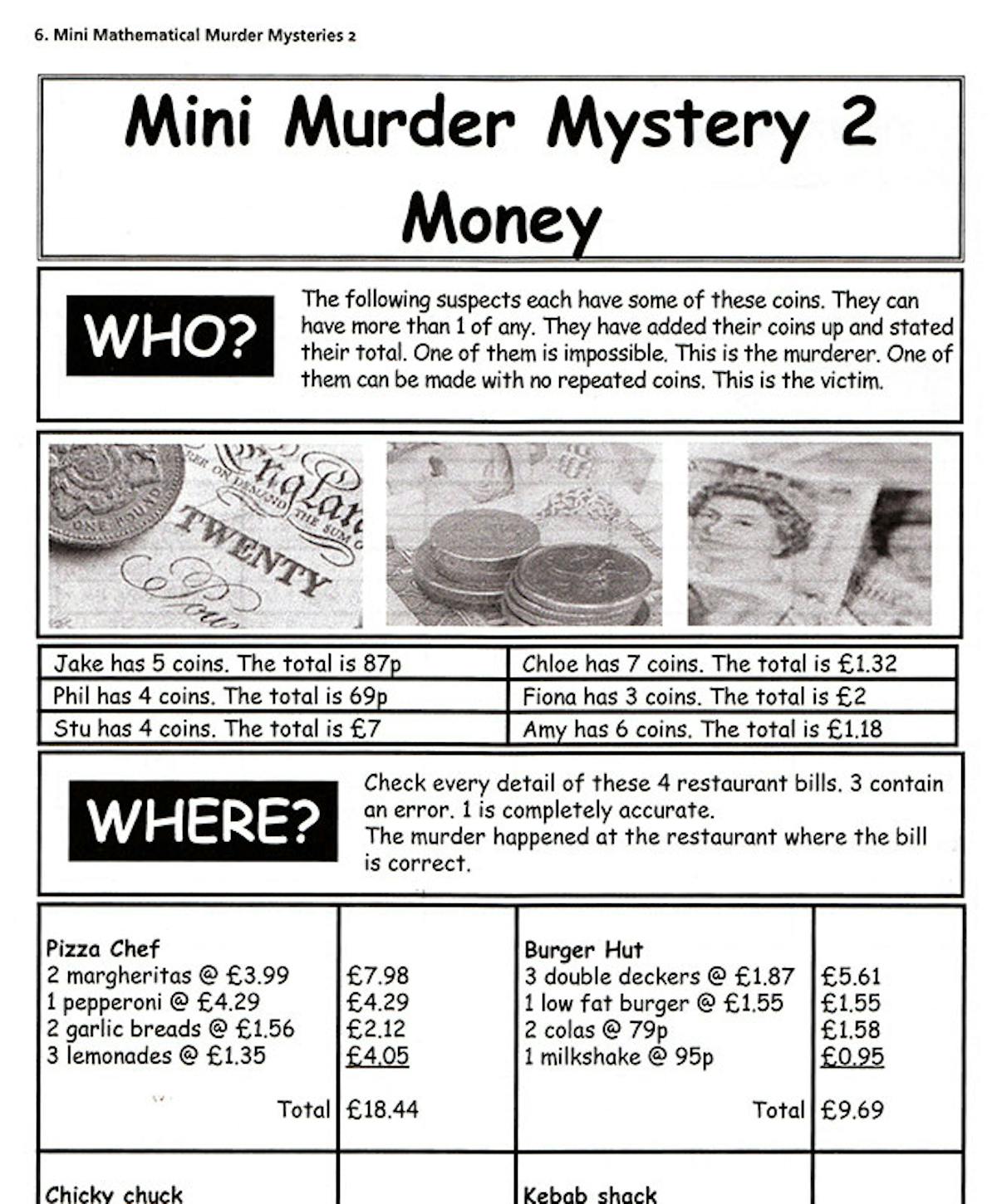 Sample mystery worksheet showing coin combinations and restaurant bills to identify suspects