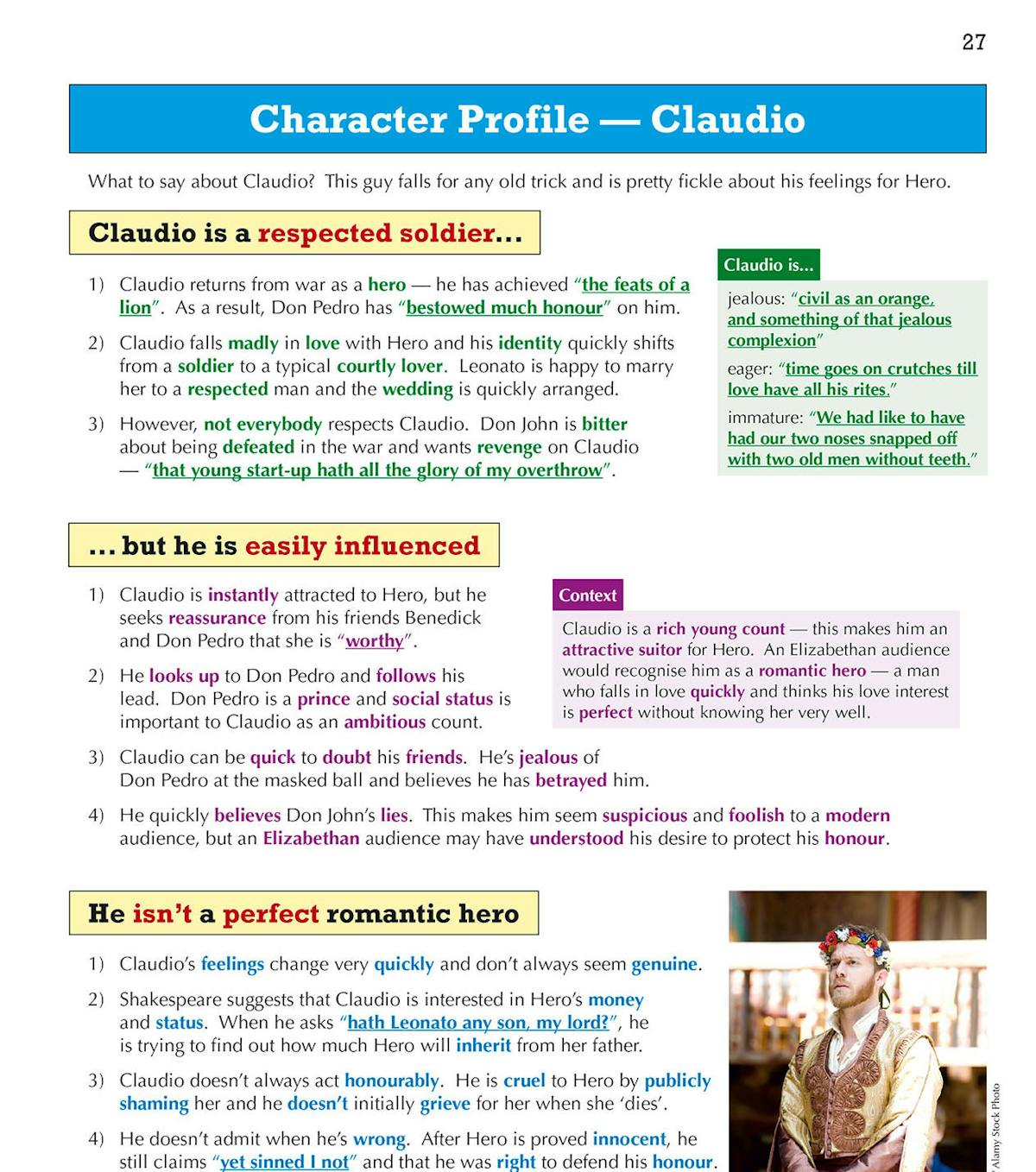Character profile page showing analysis of Claudio with key quotations and context boxes