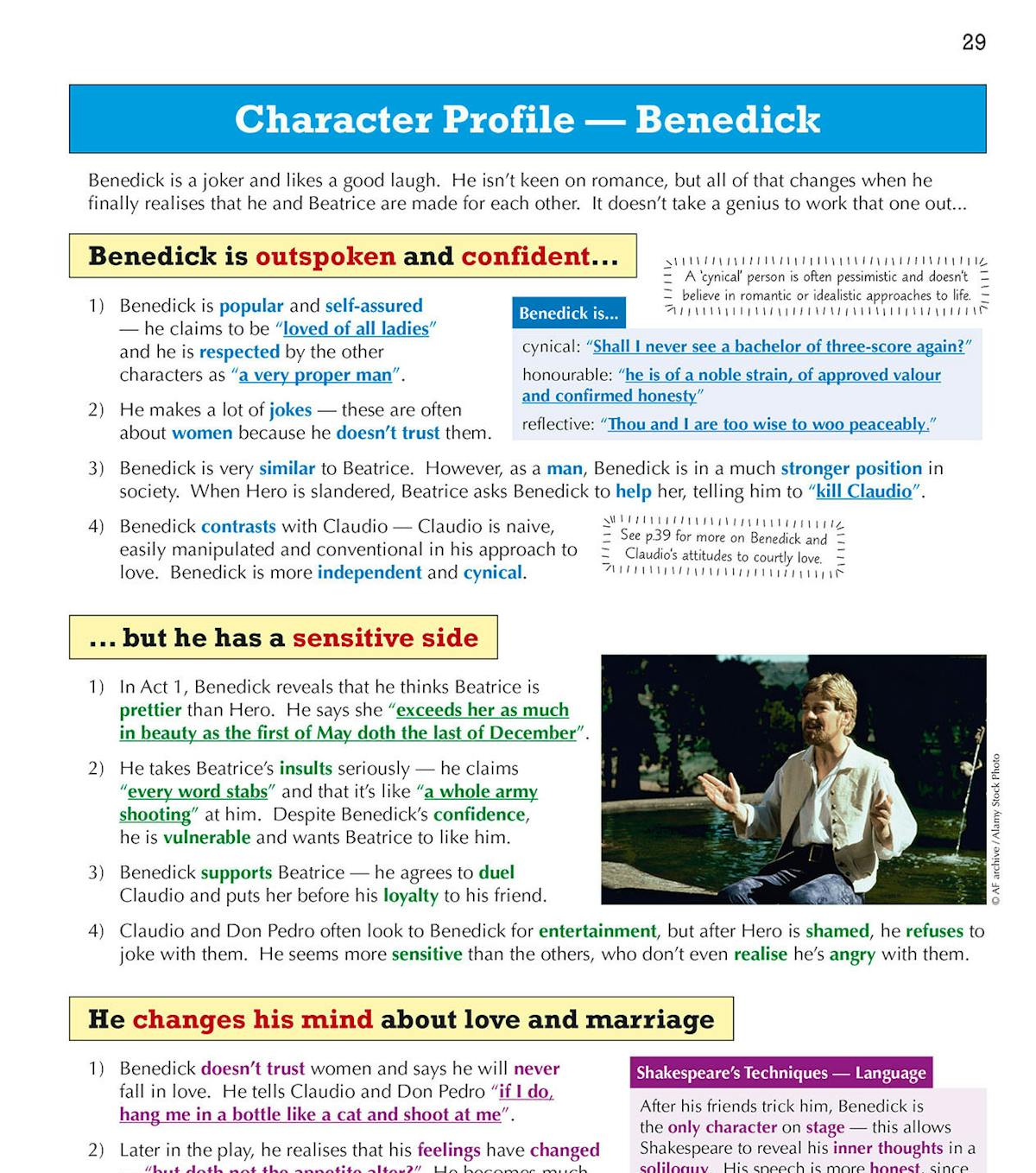 Character profile page from Much Ado About Nothing Text Guide showing detailed analysis of Benedick