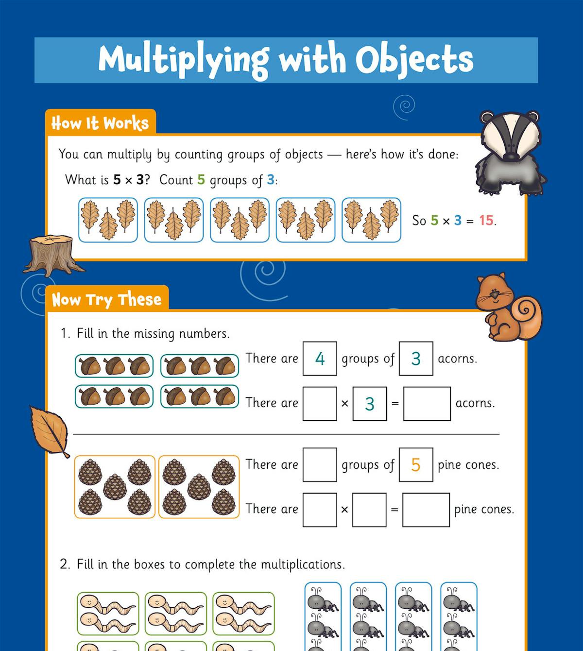 Multiplying with objects using acorns and pine cones grouped in arrays