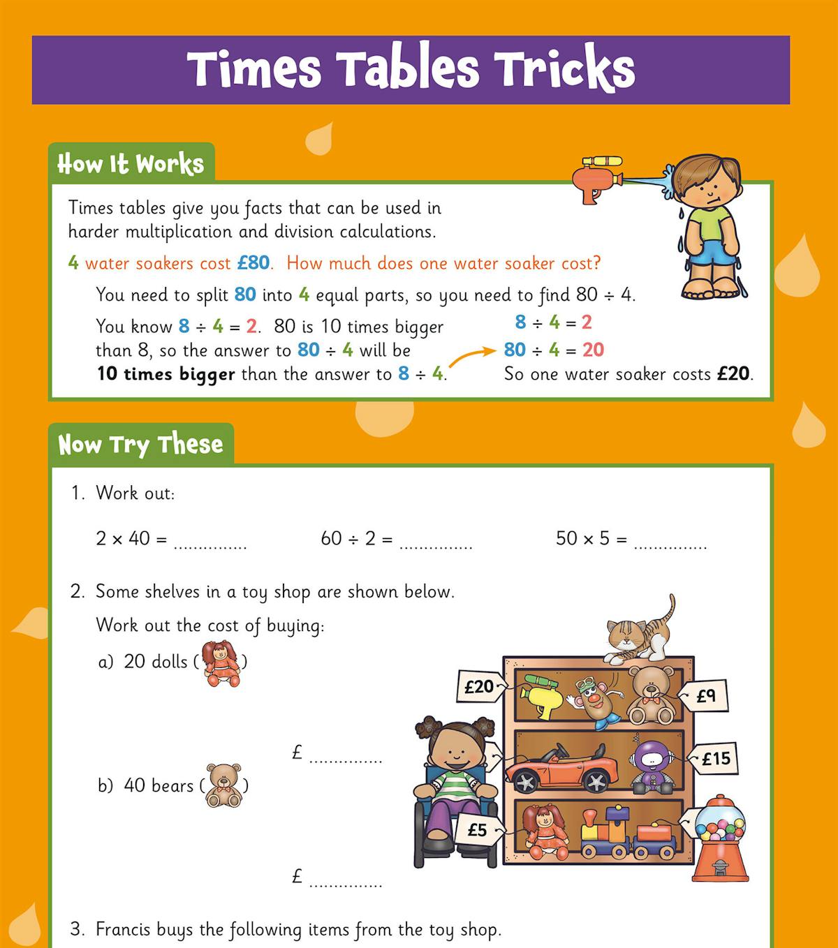 Times tables tricks page showing worked example with water soakers and practice questions