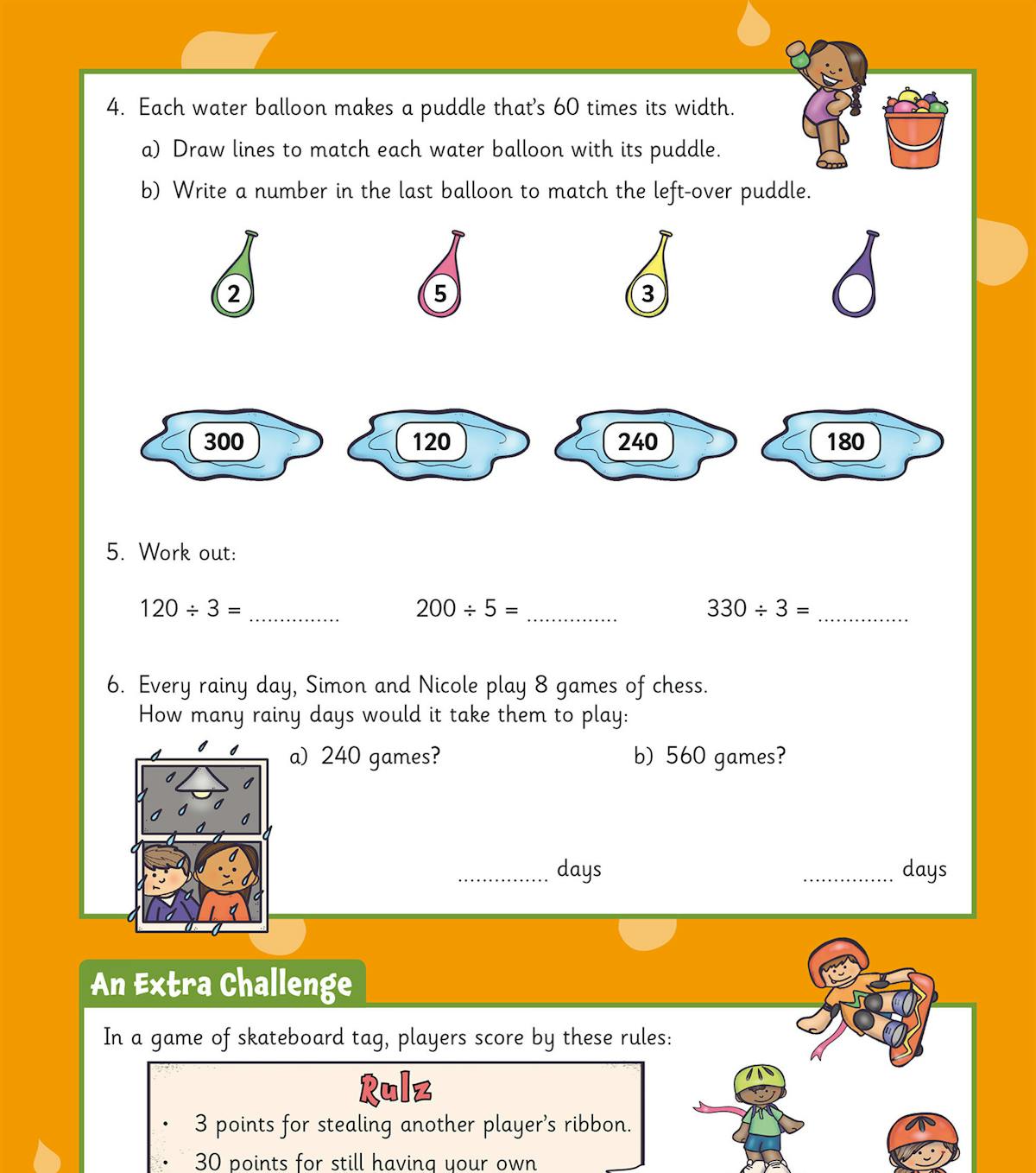 Practice page featuring matching activities, division problems and an extra challenge section
