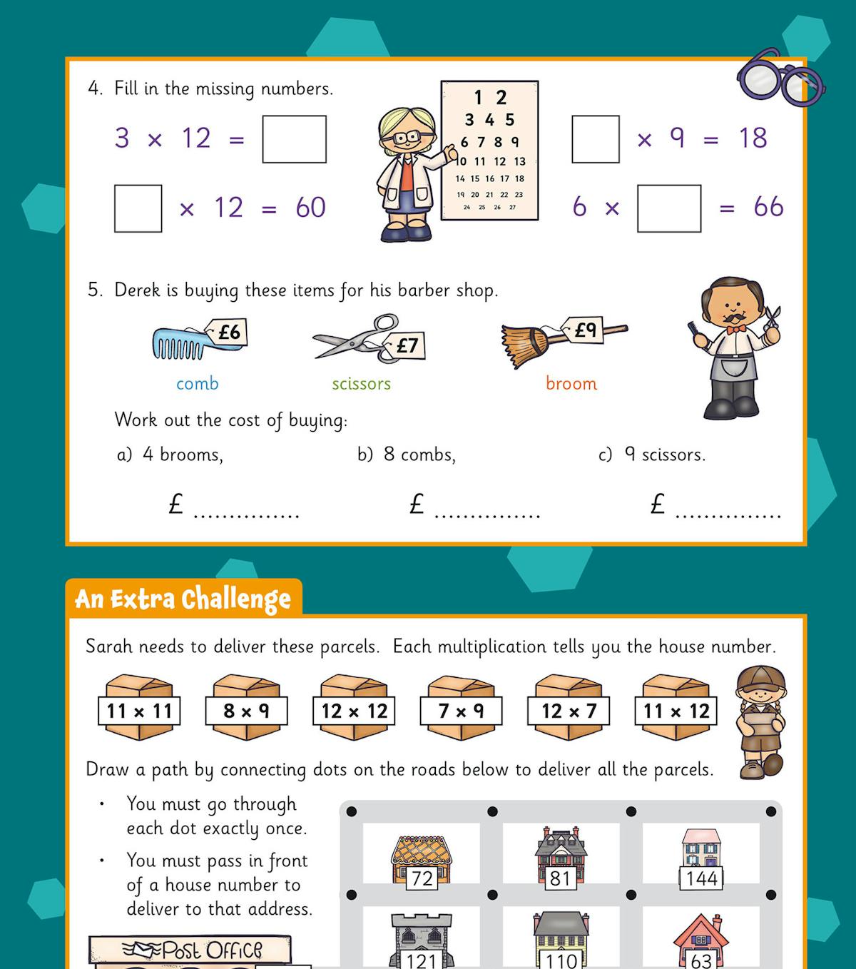 Multiplication and division practice page with puzzles and challenge activities