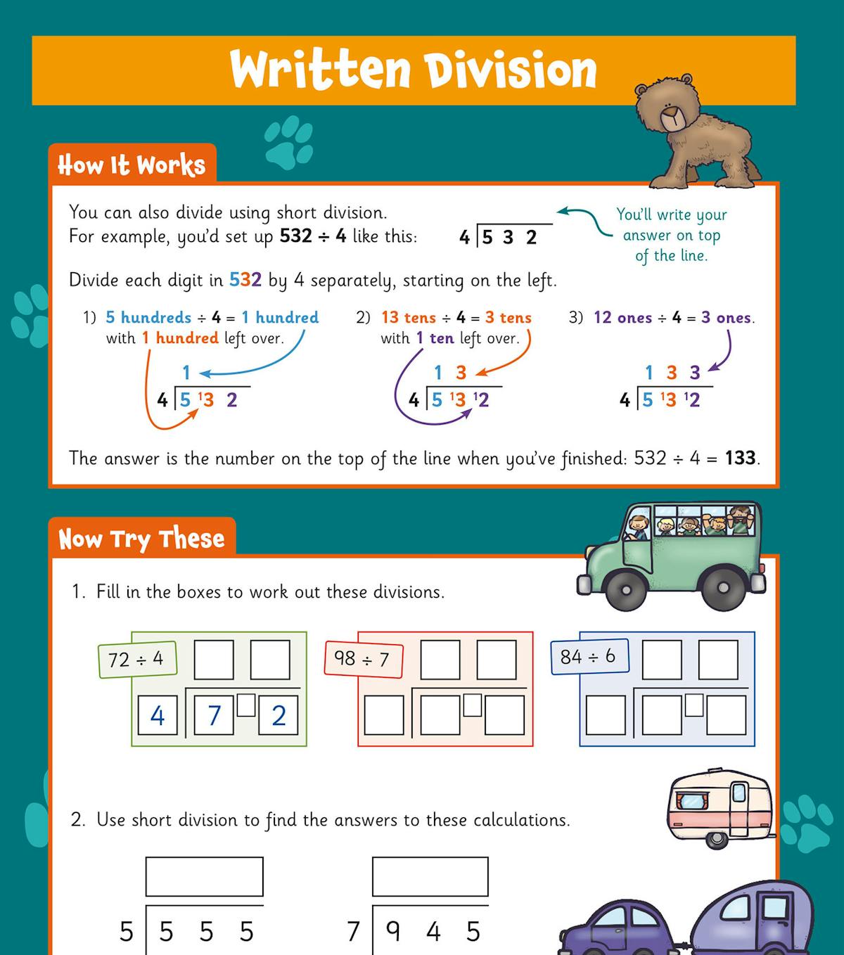 Written division method with short division explained step-by-step