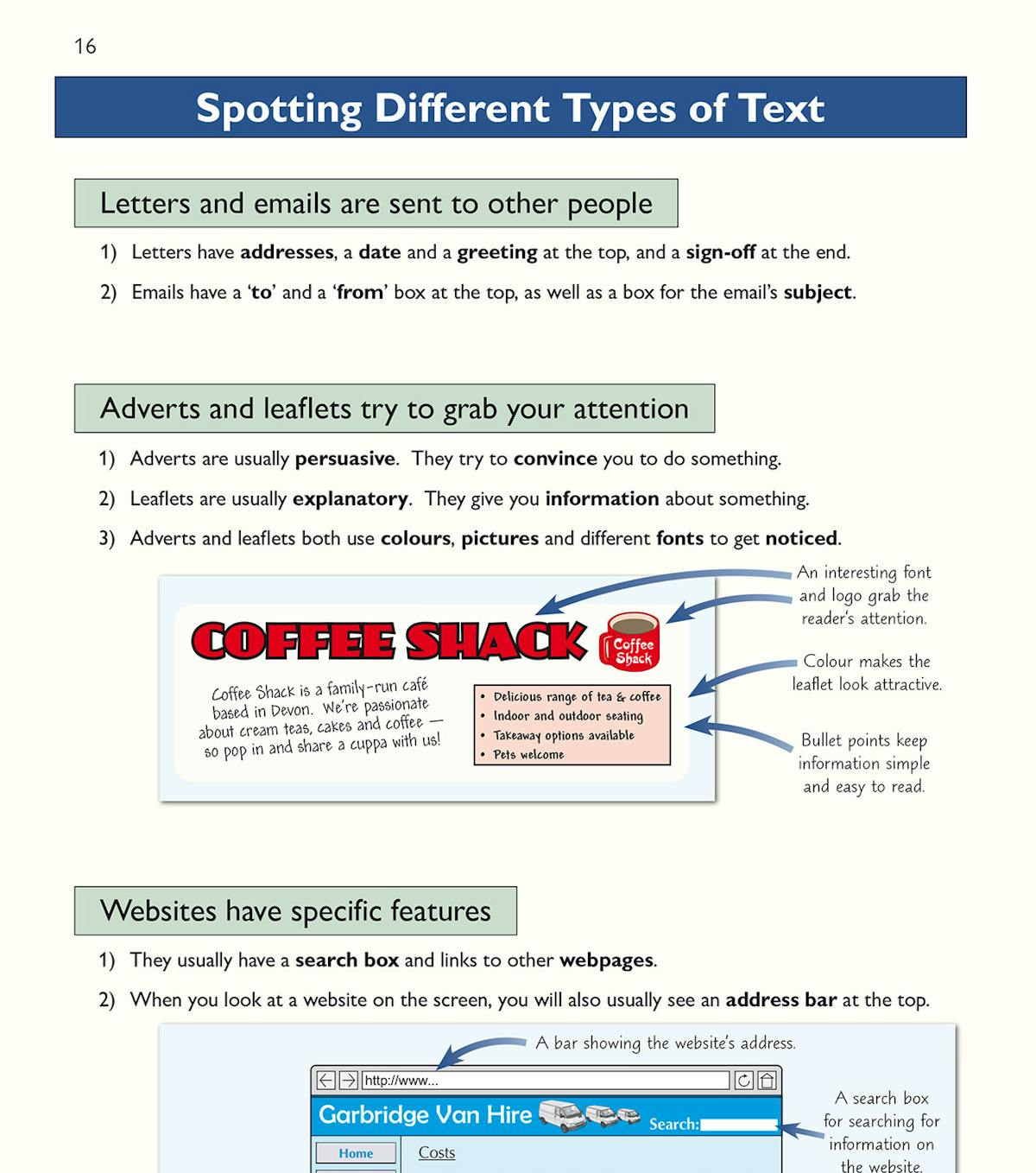 Page showing how to spot different types of text including letters, emails, adverts, leaflets and websites