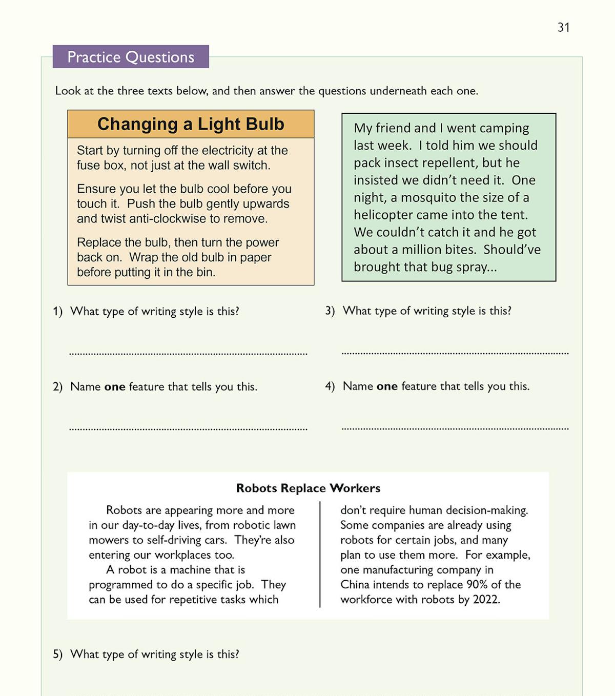 Practice questions page asking students to identify writing styles and features from sample texts