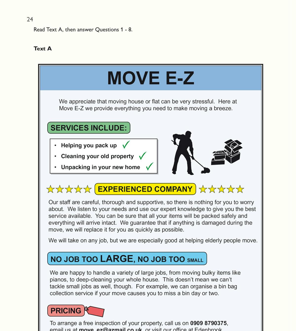 Sample reading practice paper showing a flyer for Move E-Z removals company