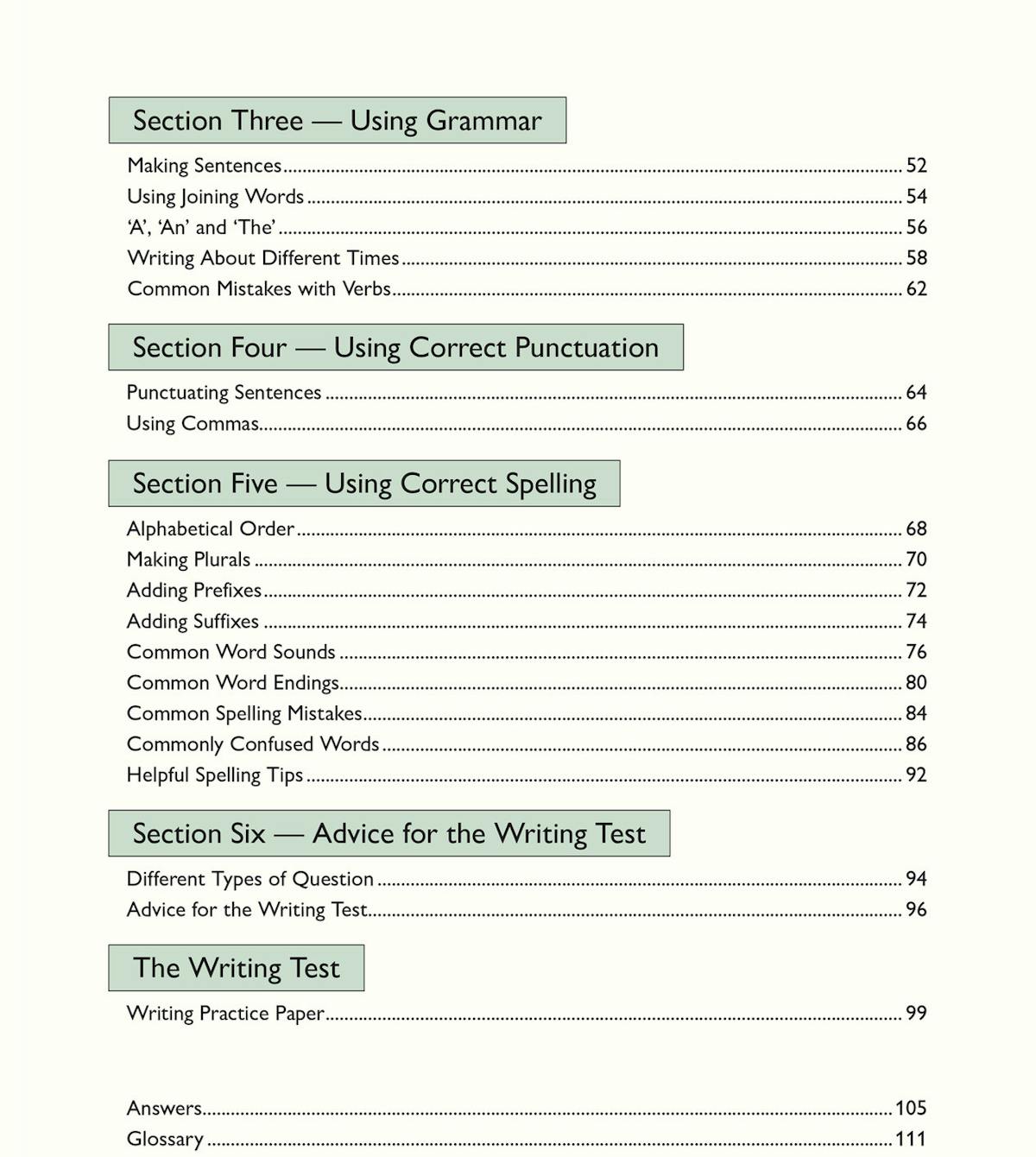 Contents page showing grammar, punctuation, spelling and writing test sections