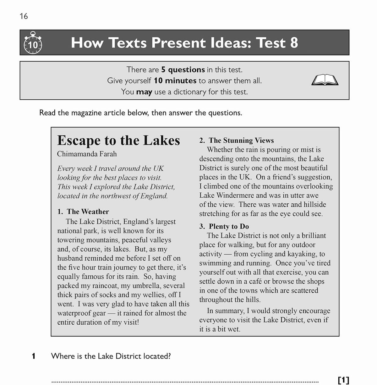 Contents page showing test structure and answer section