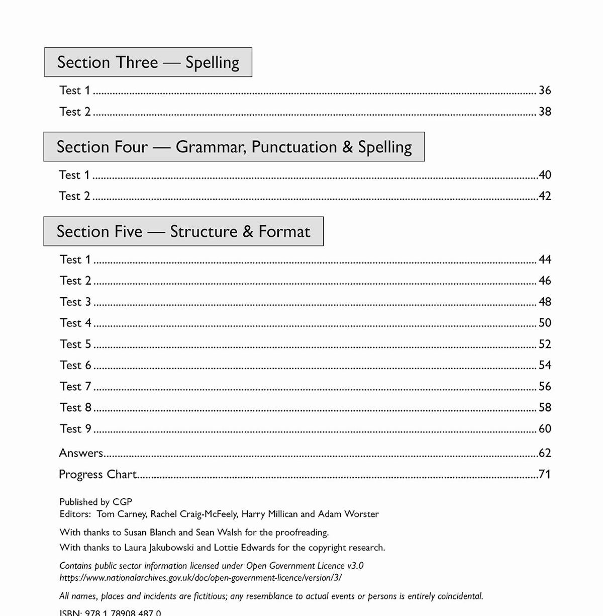 Contents page showing test sections including Spelling, Grammar Punctuation and Spelling, and Structure and Format