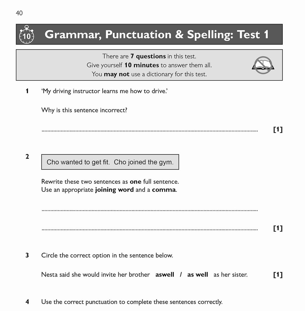 Sample test page showing grammar, punctuation and spelling questions with clear formatting and mark allocations