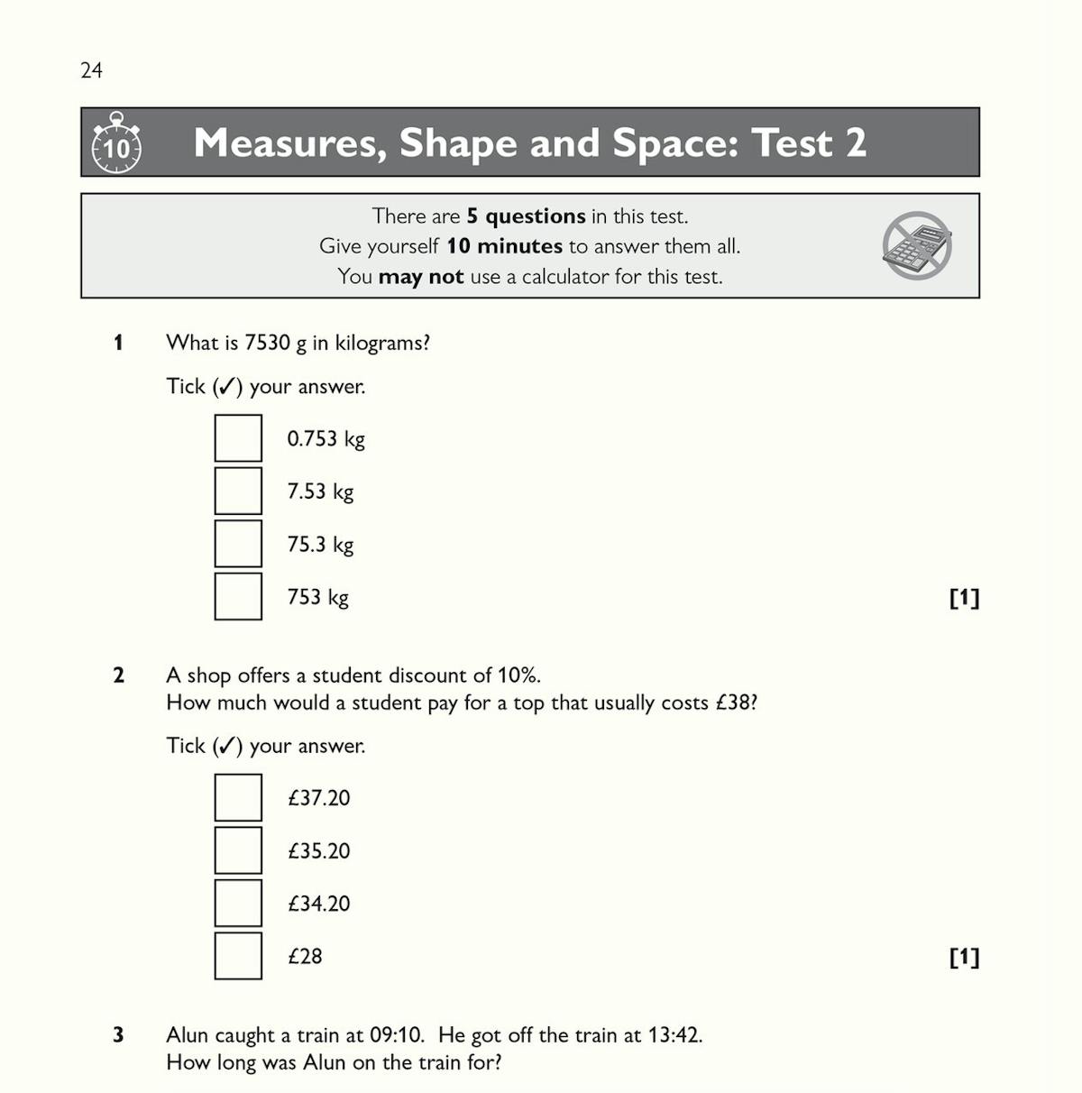 Sample test page showing volume calculation and problem-solving questions with answer boxes