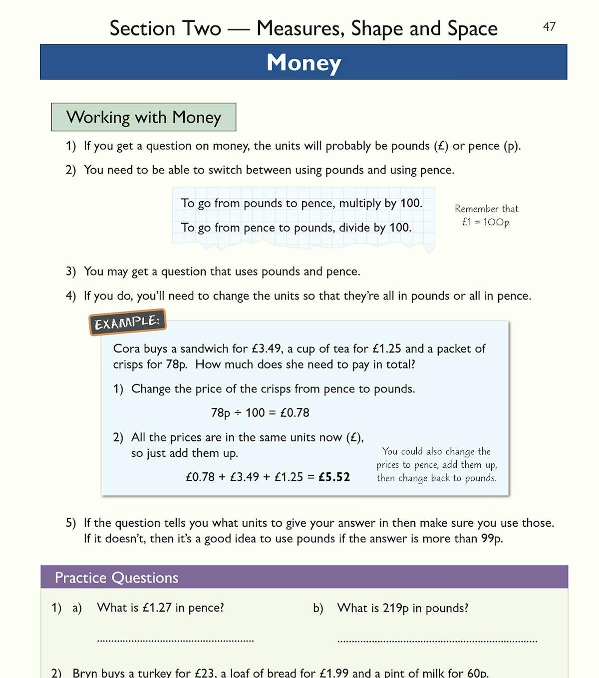 Inside page showing money conversion practice questions