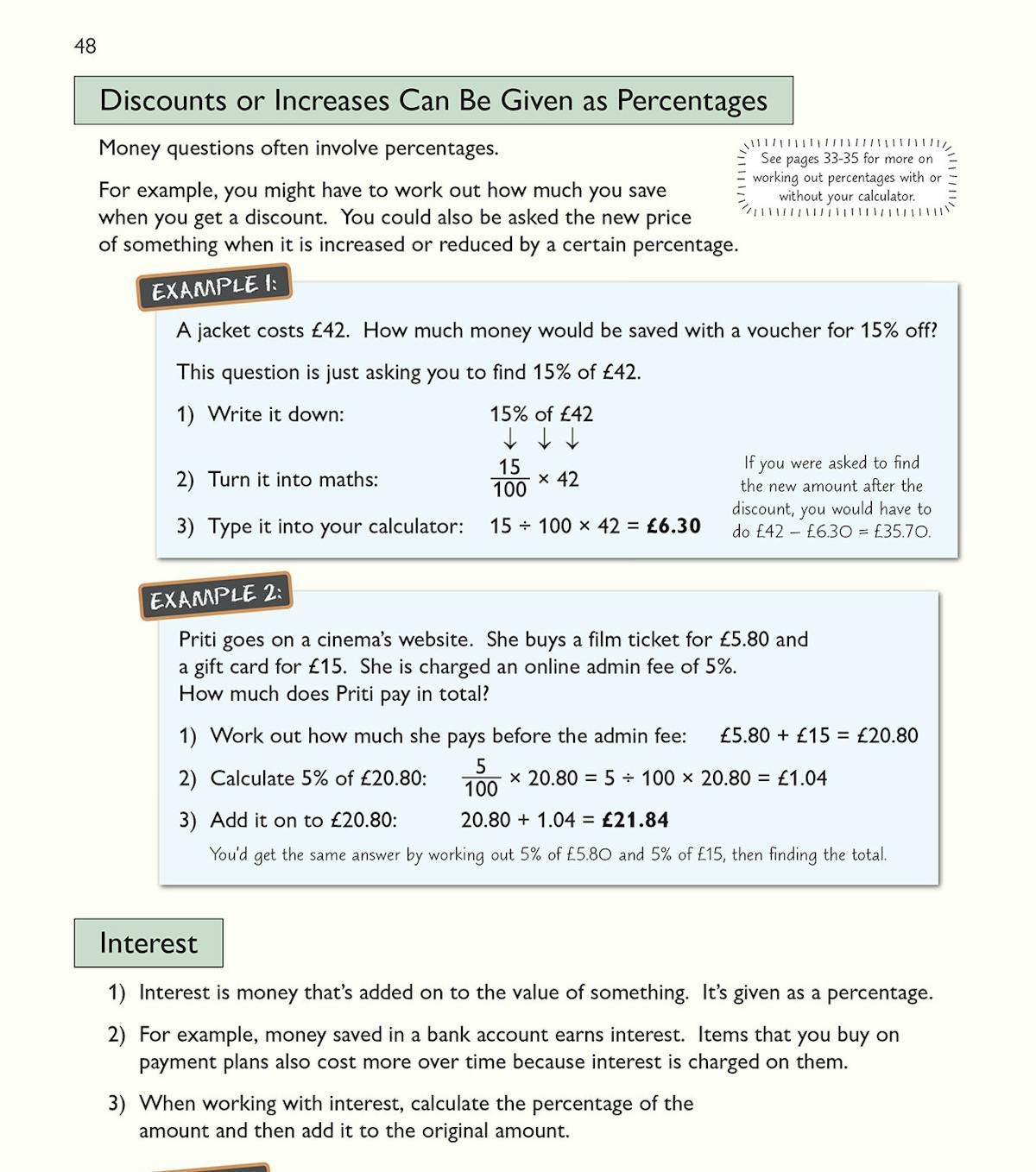 Inside page showing worked examples on percentages and interest calculations