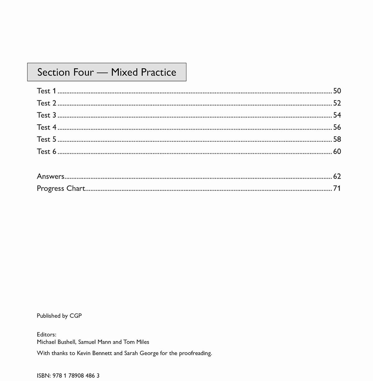 Contents page showing the four test sections and answers