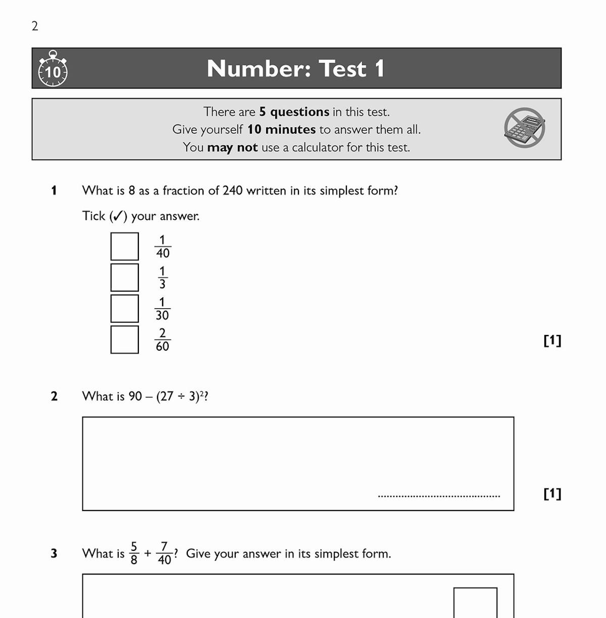 Sample page from the 10 Minute Tests book showing a Number test