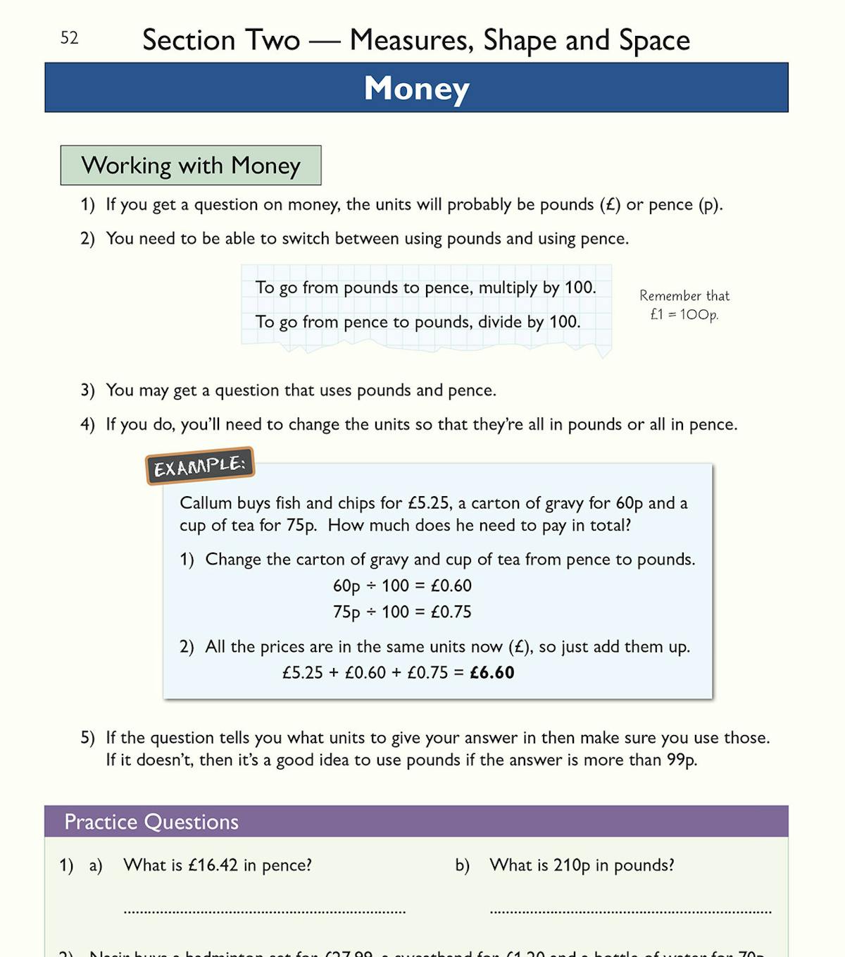 Sample spread showing worked examples on money calculations