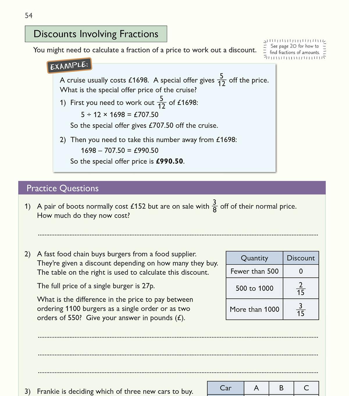 Practice questions on discounts involving fractions