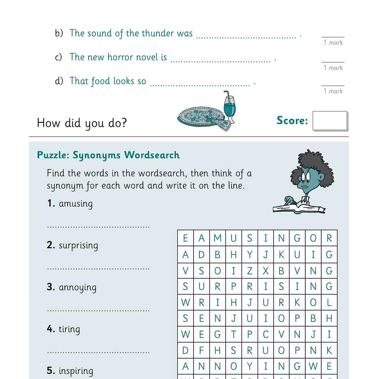 Sample workout page showing spelling questions, vocabulary tasks and a synonym wordsearch puzzle