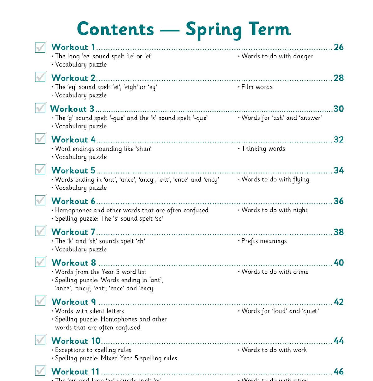 Contents page for Spring Term showing workout topics and page numbers with tick-box tracking