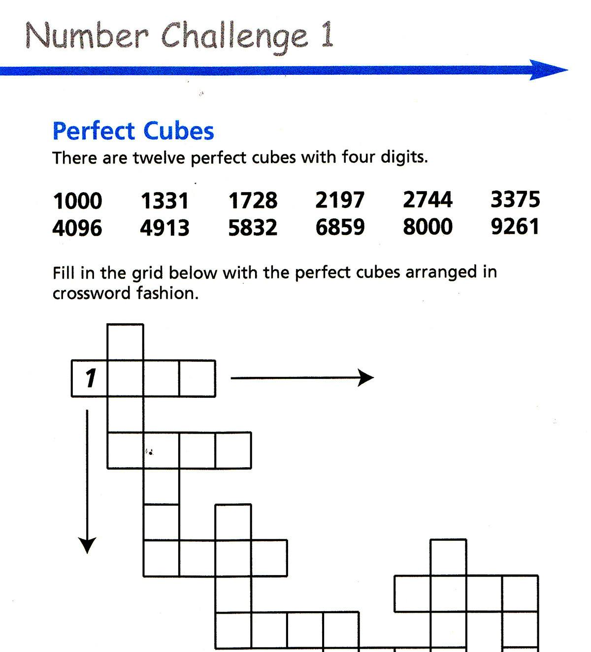Perfect Cubes number challenge showing a crossword-style grid puzzle with four-digit perfect cubes