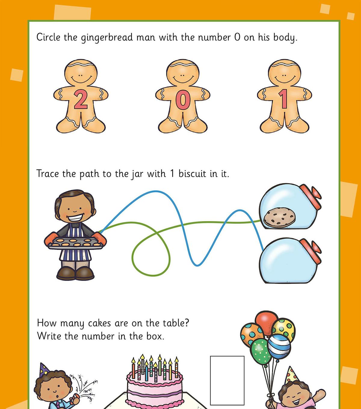 Activity page featuring tracing, counting and number identification tasks with cheerful characters