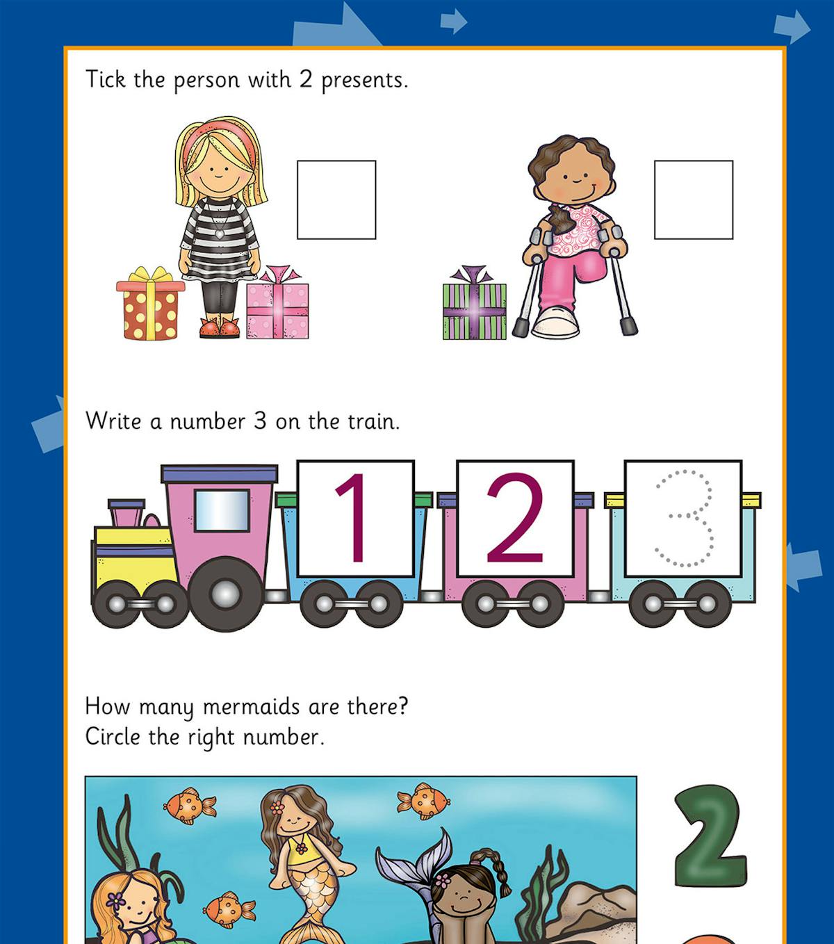 Sample activity page showing counting and number recognition exercises with colourful illustrations