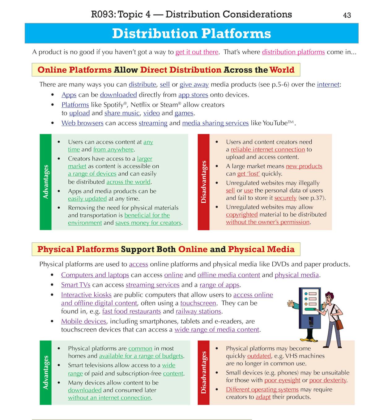 Sample page on distribution platforms with advantages and disadvantages tables