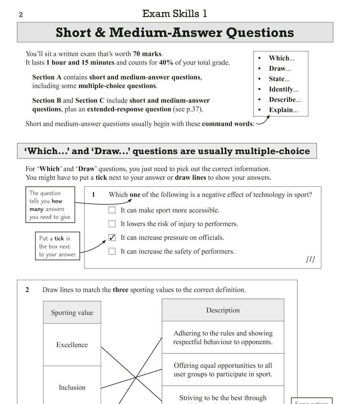 Sample page showing short and medium-answer question formats with command words and multiple-choice guidance