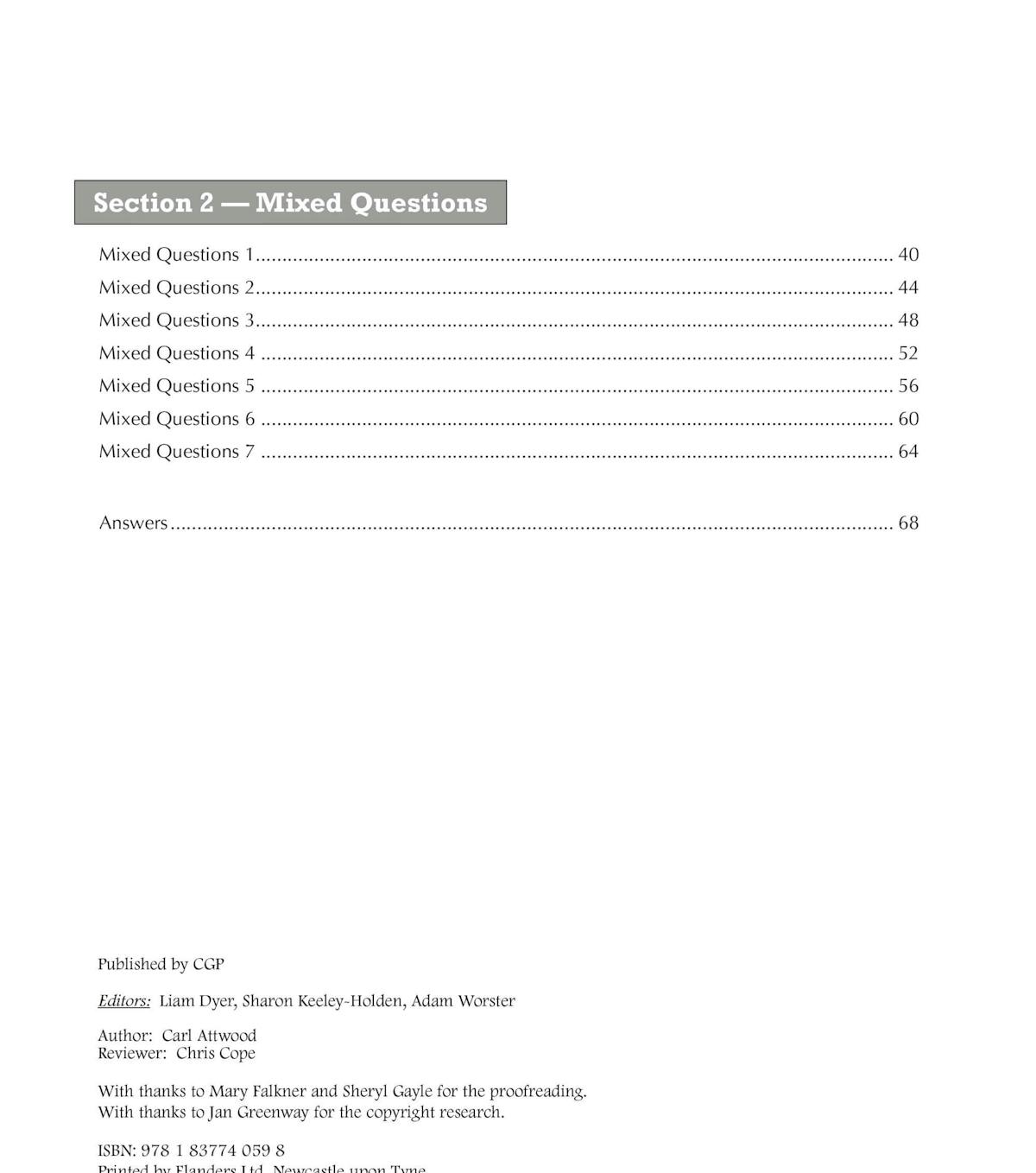 Contents page listing mixed-question practice sets and answers section