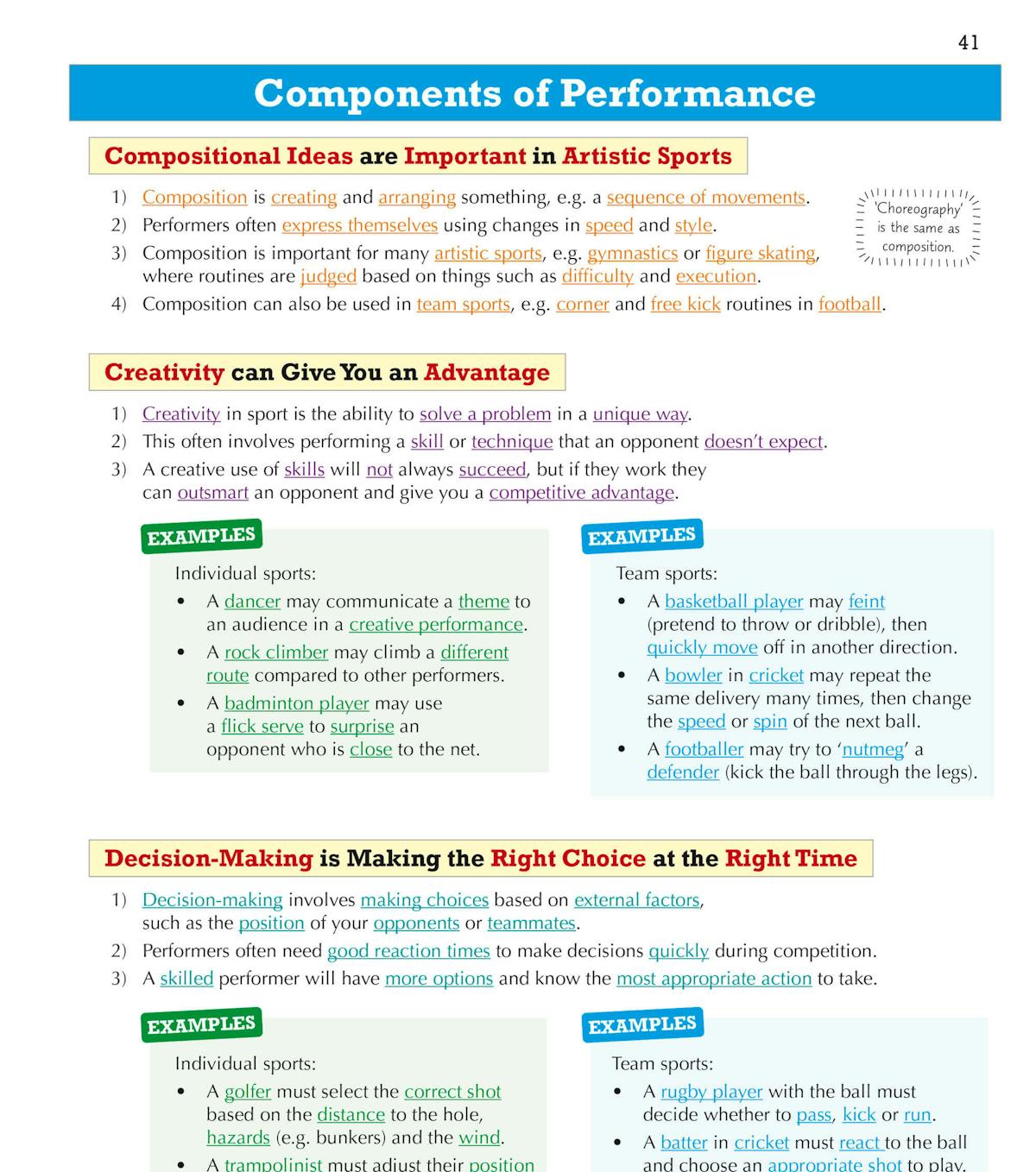 Page showing Components of Performance with colour-coded sections and examples