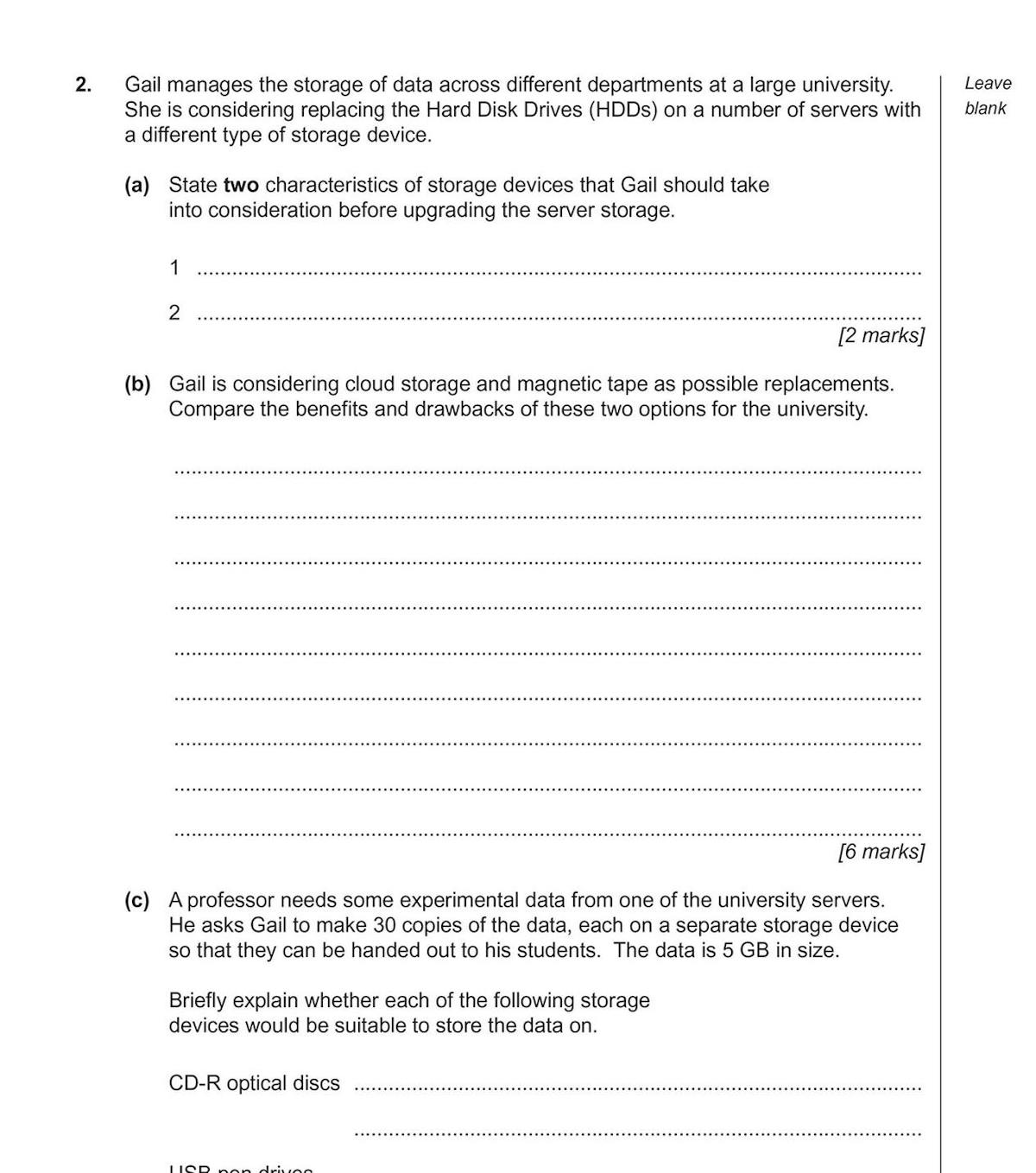 Sample exam questions on storage devices and data management