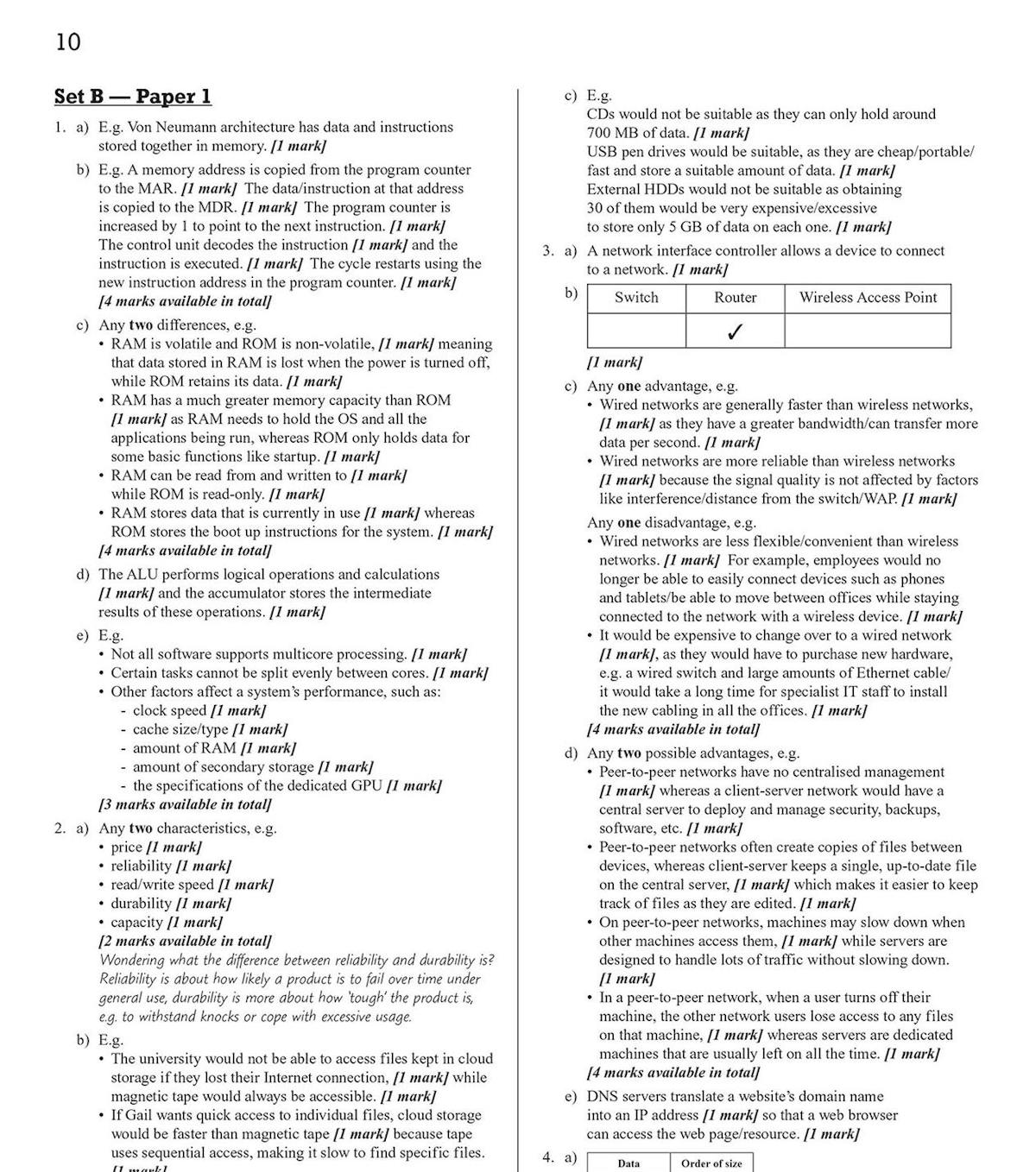 Sample exam questions on computer memory and networking topics