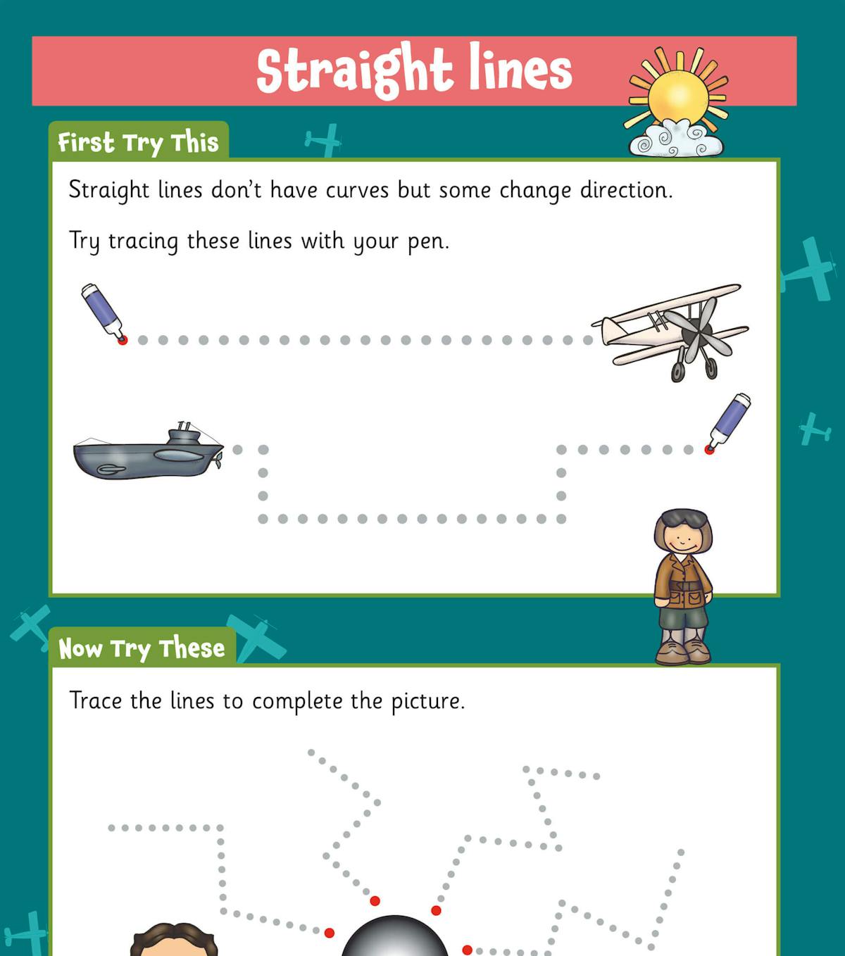 Pen control exercises showing straight line tracing activities and dot-to-dot practice