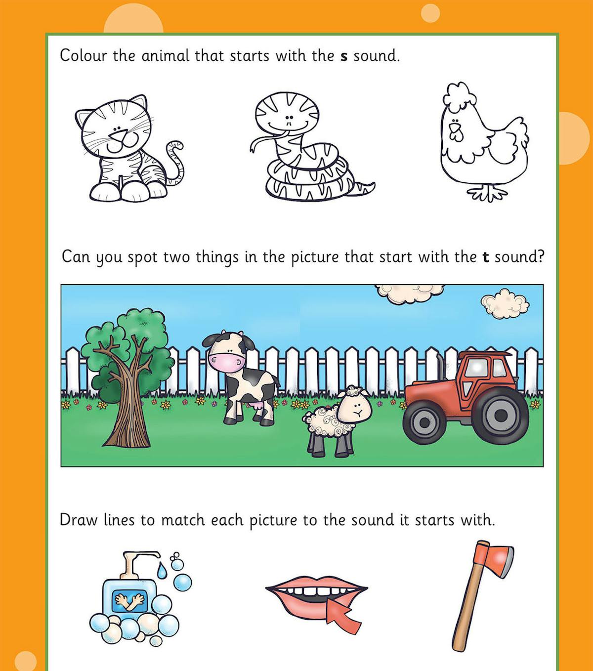 Sample phonics activity with colouring and spotting tasks for s, a and t sounds