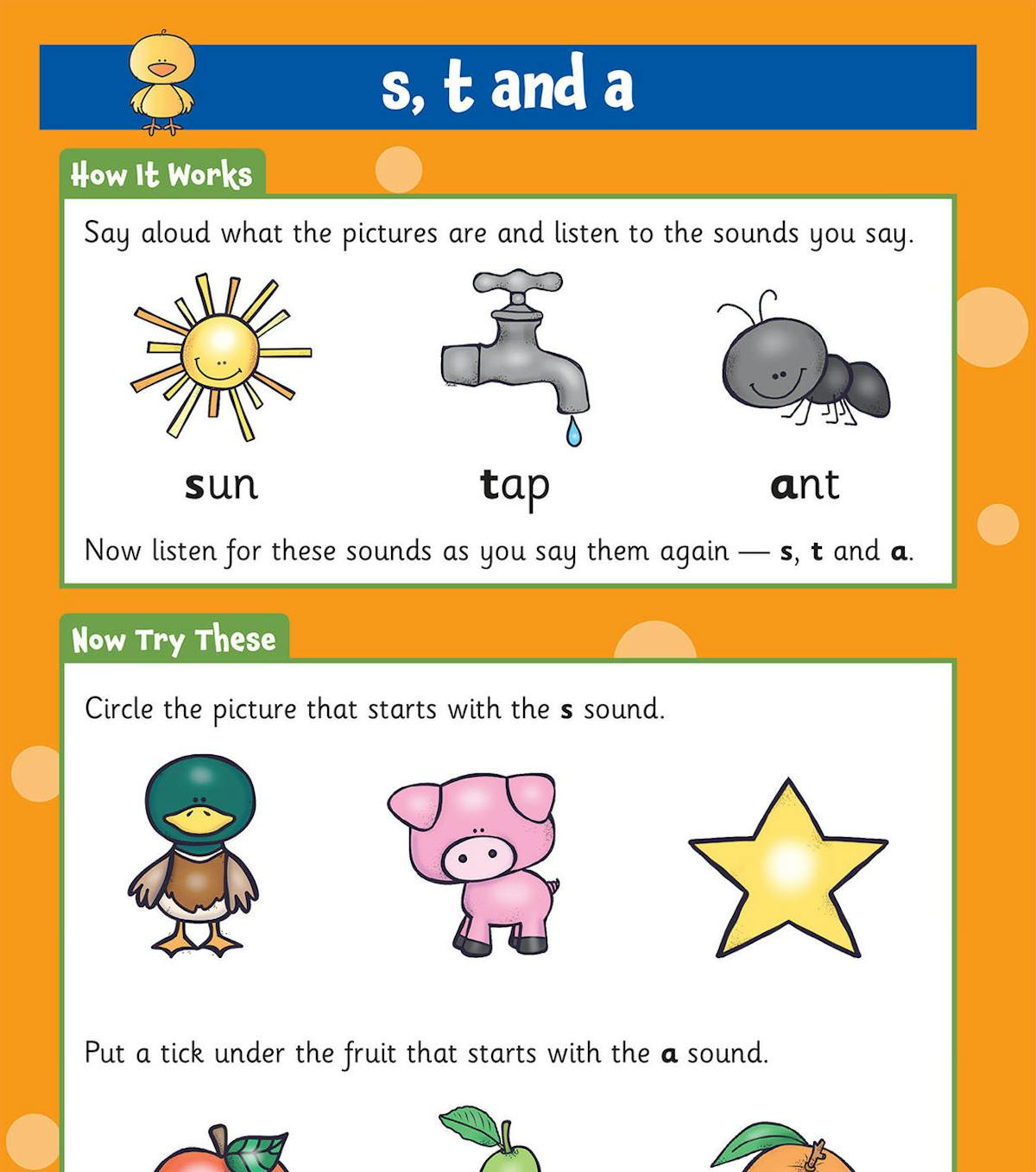 Phonics activity page showing how-it-works examples and practice tasks for initial letter sounds
