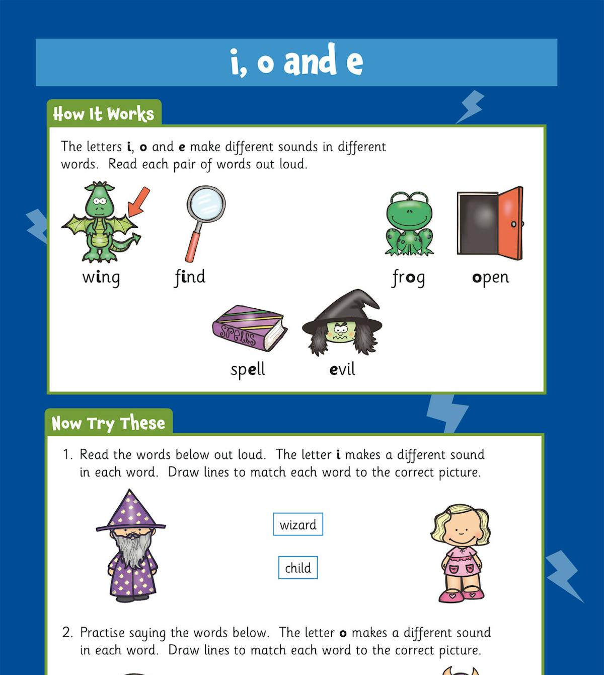 Page showing 'i, o and e' phonics activities with illustrated examples